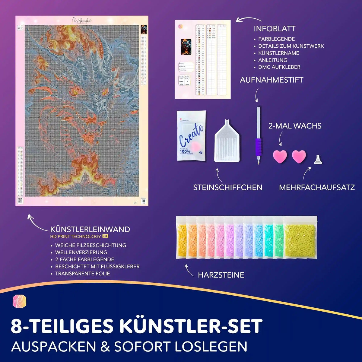 Diamond Painting Set Fight mit feuerspeiendem Drachen-Motiv, inkl. Leinwand, Harzsteinen und Profi-Werkzeug-Zubehör.