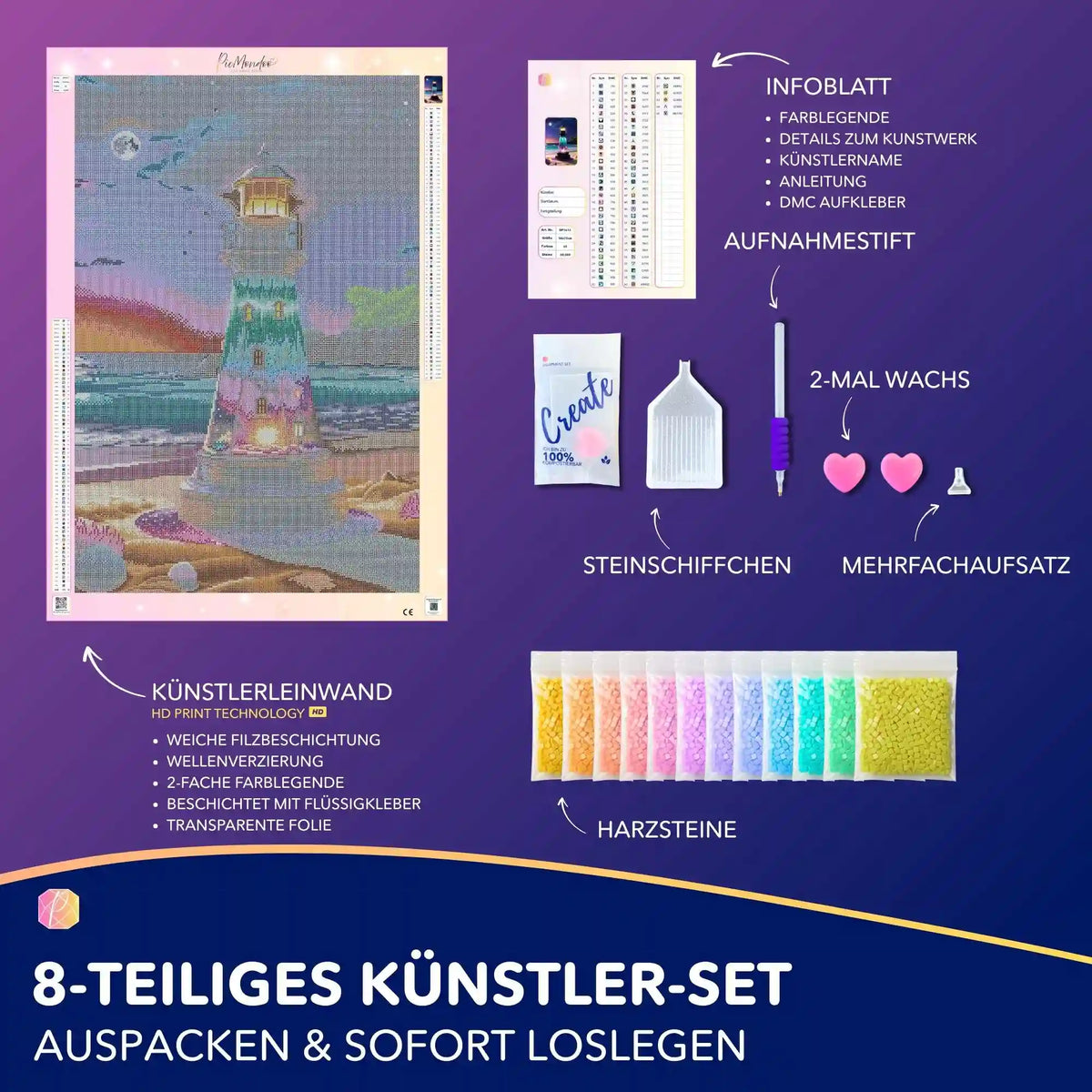 Diamond Painting Set Leuchtturm der Träume mit Leinwand, bunten Harzsteinen und Zubehör für DIY-Kunstwerke am Meer.