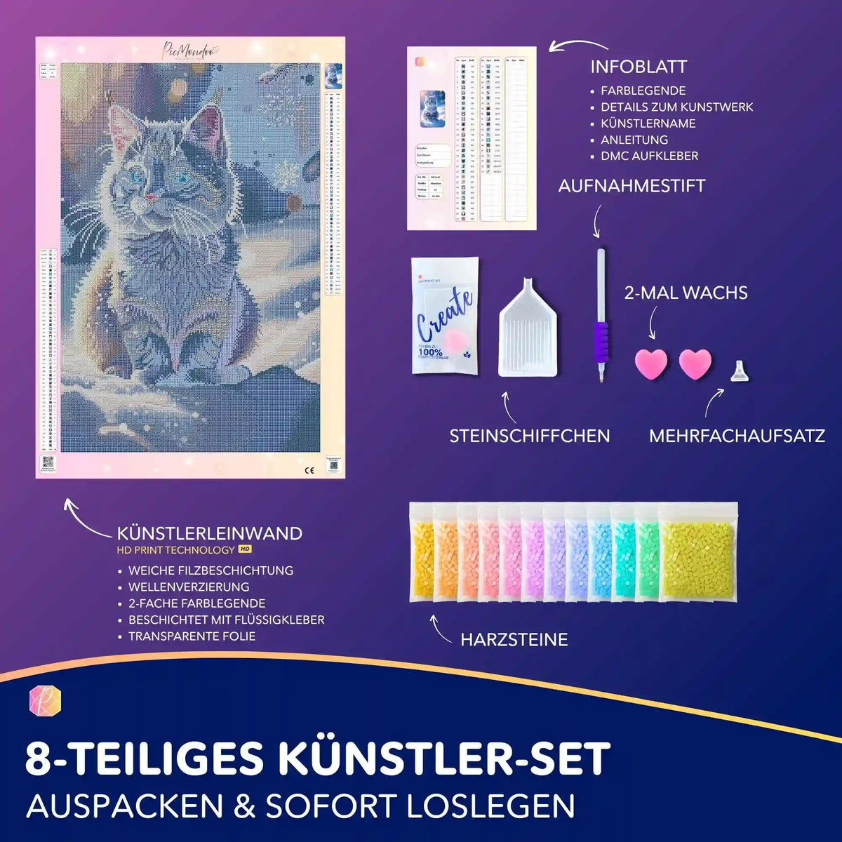 Diamond Painting Set Schneegeist mit Katze im Winterwald, inklusive Leinwand, bunten Harzsteinen und Bastel-Zubehör.