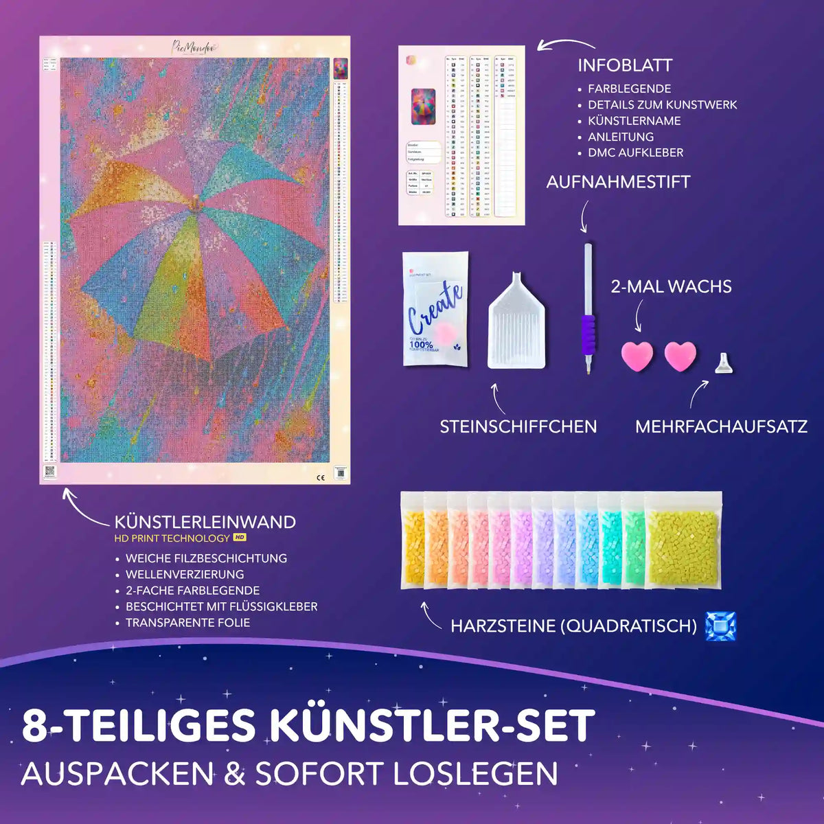 Picmondoo Diamond Painting Set bunter Regenschirm mit Leinwand, quadratischen Steinen und vollständigem Zubehör