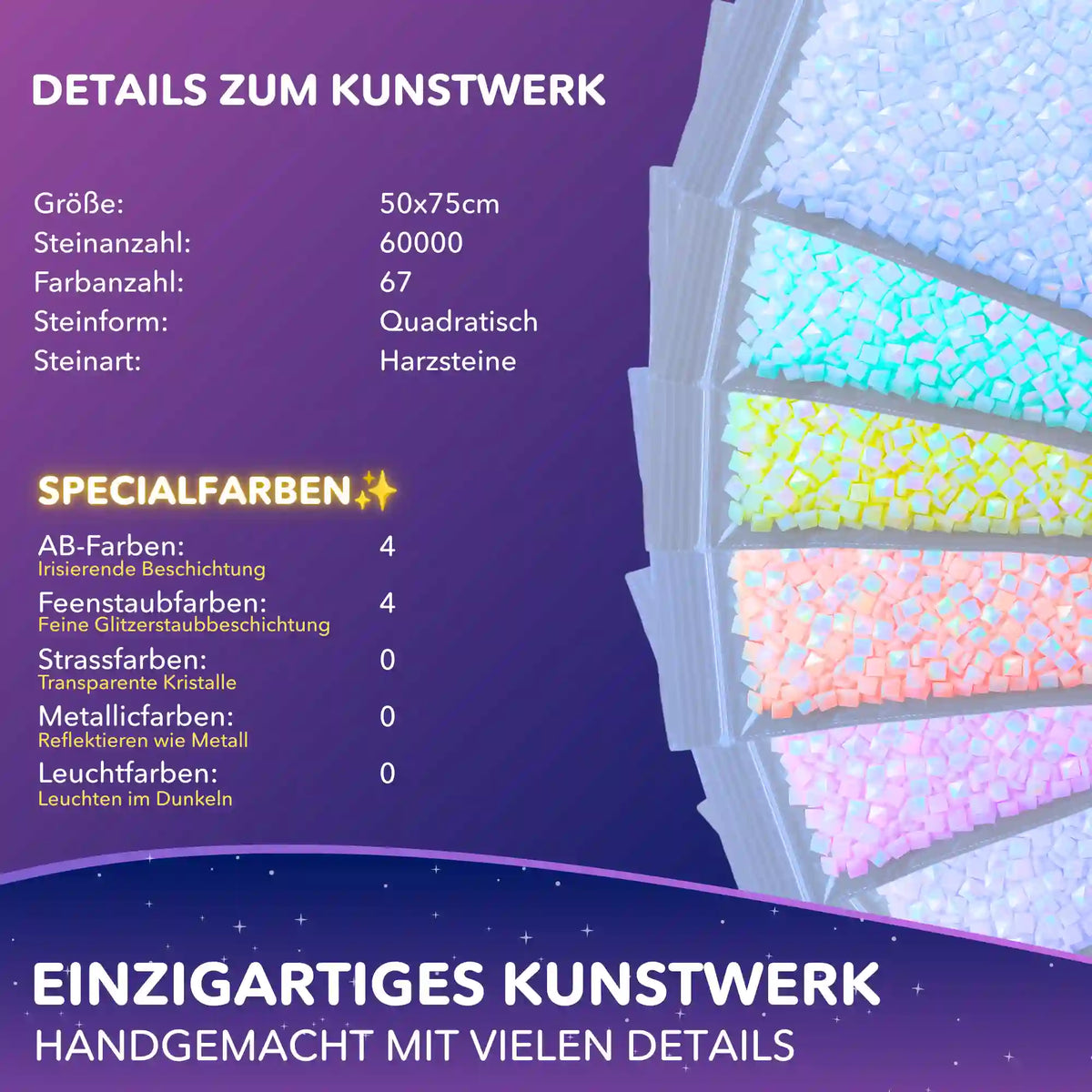 Diamond Painting Set Details mit bunten quadratischen Glitzersteinen, Feenstaub- und AB-Sonderfarben.