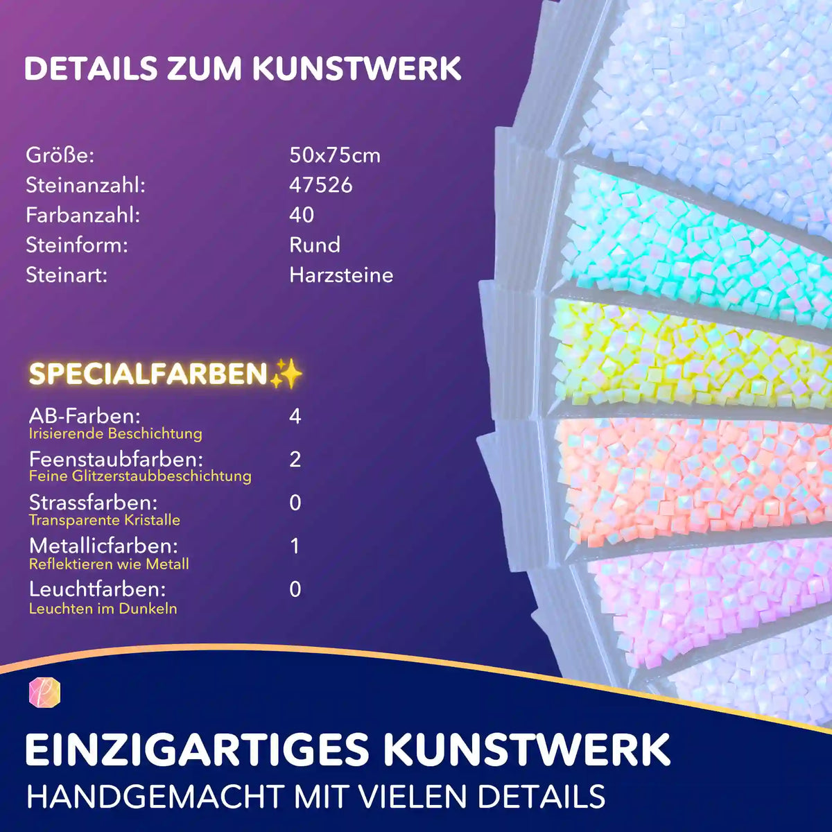 Produktdetails zum Diamond Painting Set Celestara mit runden Harzsteinen, AB-Farben und Feenstaubeffekt in 50x75cm.