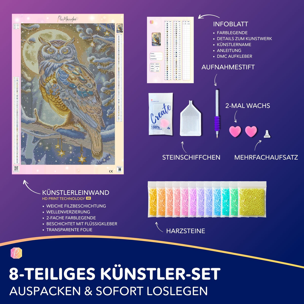 Diamond Painting Set Goldene Schneeeule mit Leinwand, Glitzersteinen und Zubehör für DIY-Kunstwerke.
