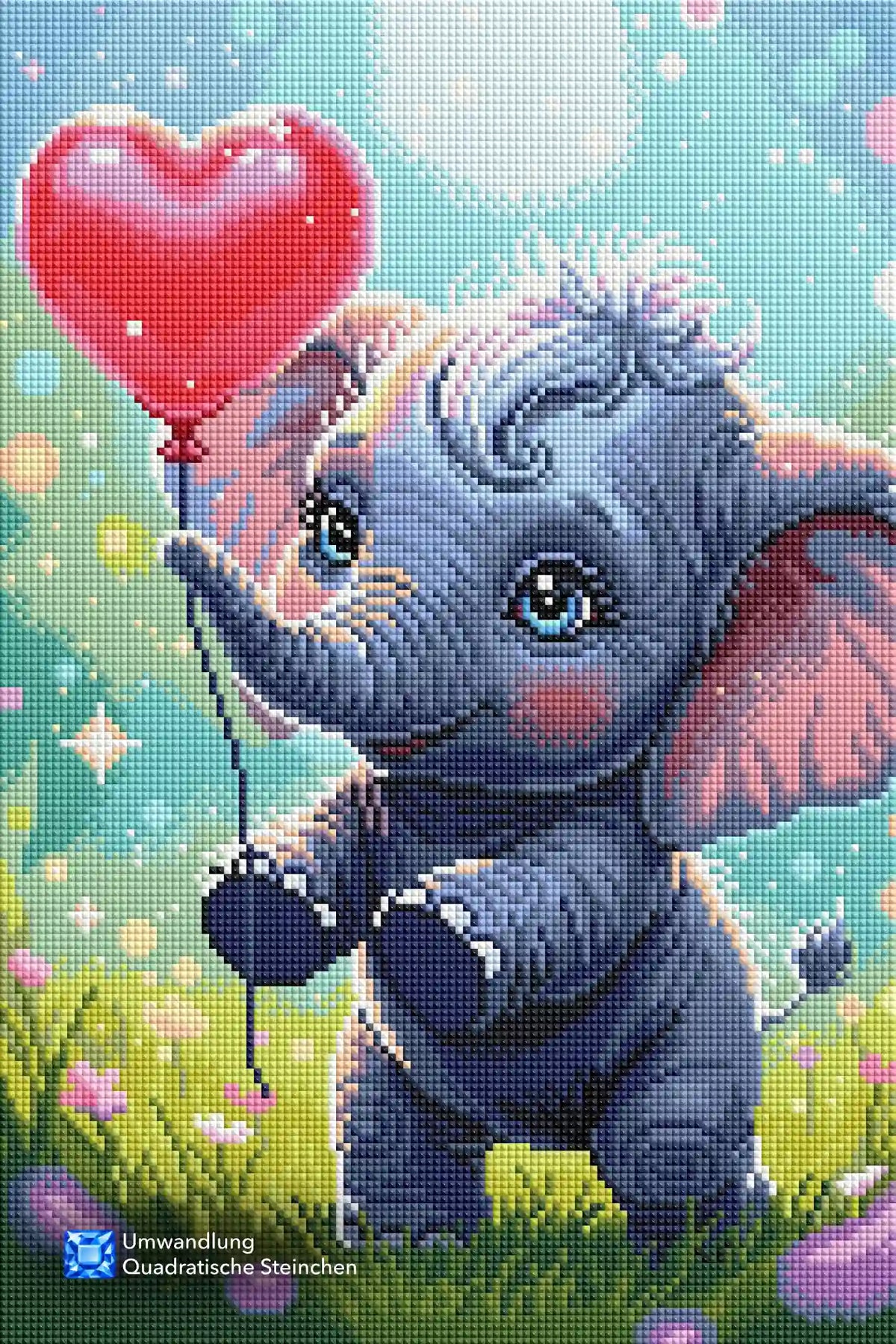 Diamond Painting Motiv mit niedlichem Baby-Elefant auf einer Wiese, der einen roten Herzballon hält.