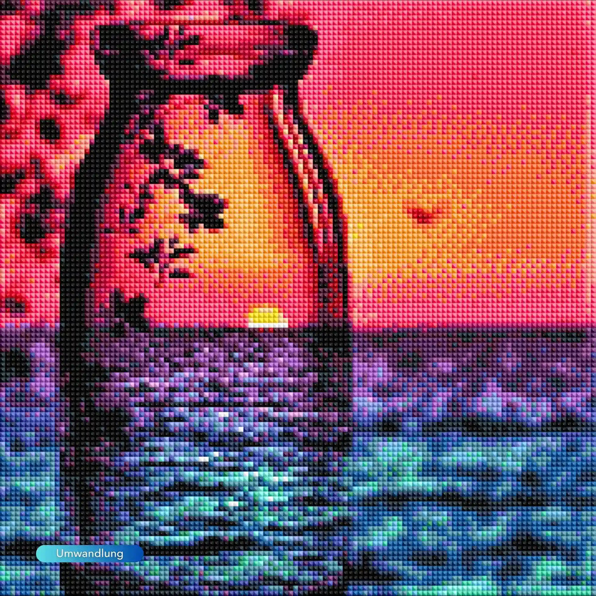 Diamond Painting Set mit rotem Sonnenuntergang in einer Flasche am Meer, 30x30cm Leinwand mit glitzernden Steinen