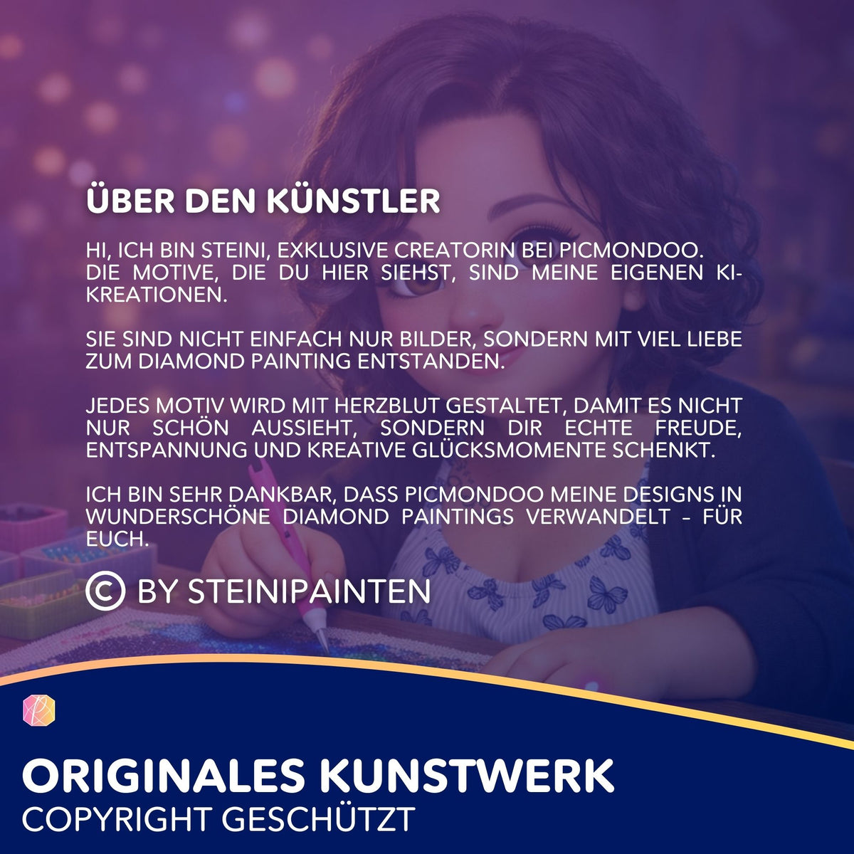 Künstlerin bei der Gestaltung eines Diamond Painting Sets mit glitzernden Steinen für kreative Diamond Painting Kunstwerke.