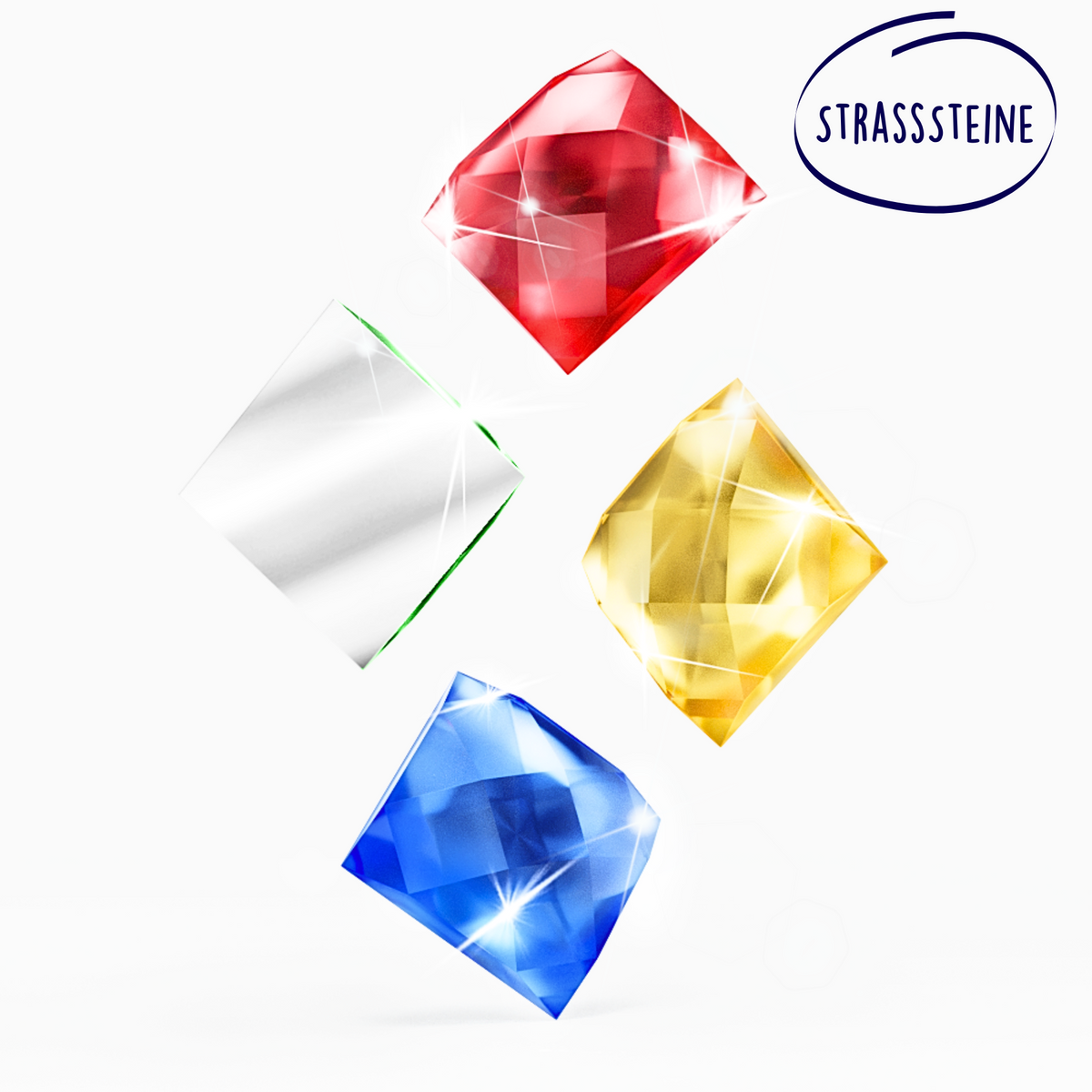 Vier funkelnde, farbige Strasssteine für Diamond Painting Sets mit quadratischem Schliff vor weißem Hintergrund.