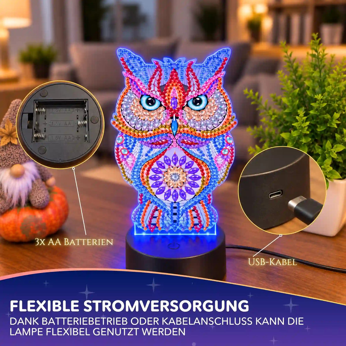Diamond Painting LED Lampe Eule mit bunten Glitzersteinen und Stromversorgung per USB oder Batterie.