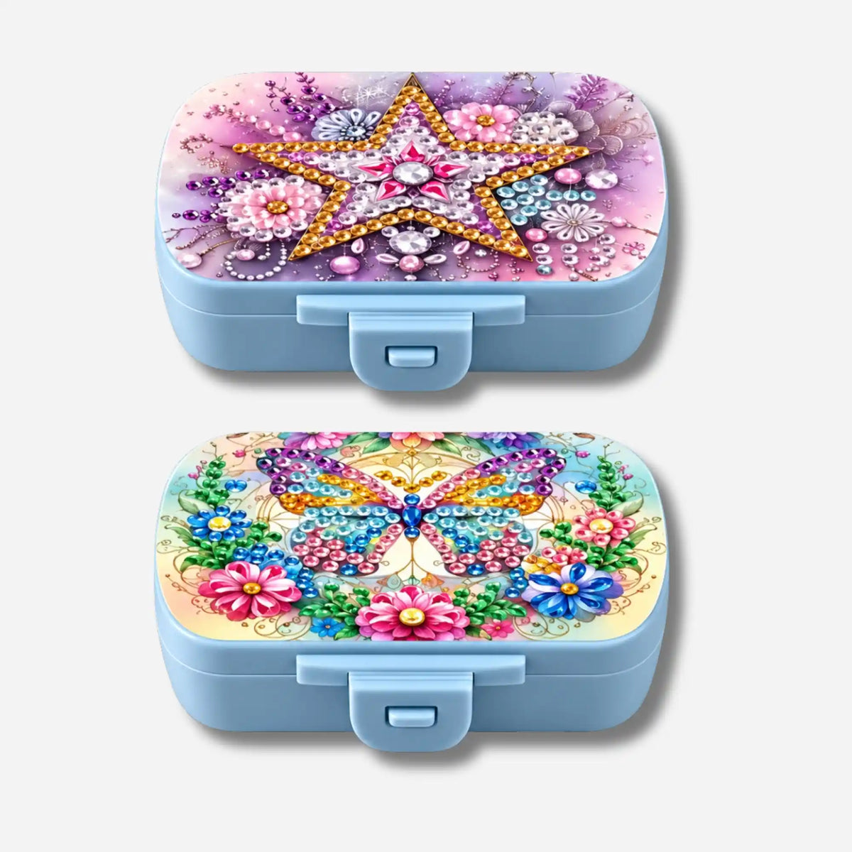 Diamond Painting Pillenboxen 2er-Set mit funkelndem Stern- und Schmetterlingsmotiv aus bunten Glitzersteinen