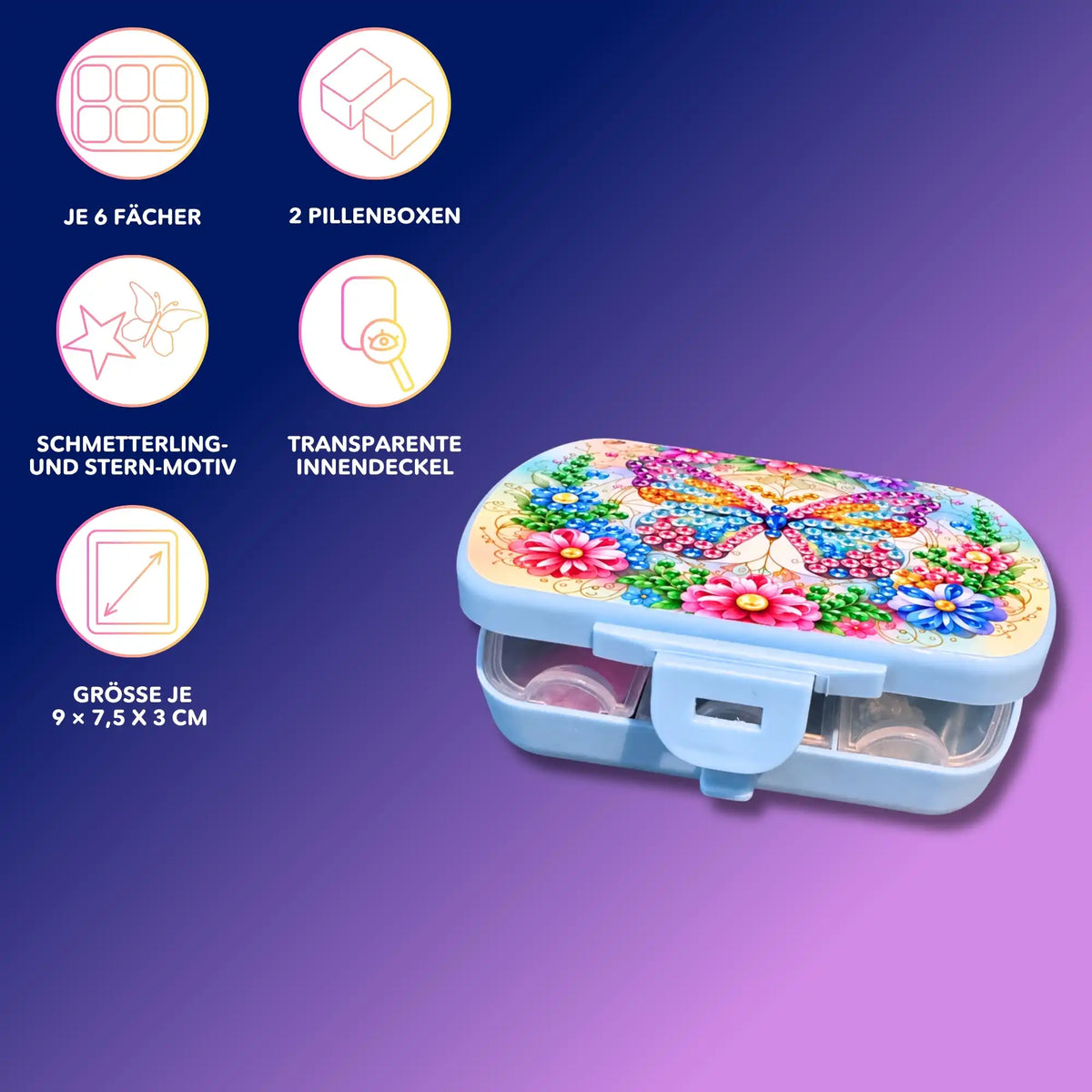 Diamond Painting Pillenbox mit buntem Schmetterling-Motiv und 6 Fächern – praktisches DIY Zubehör von Picmondoo
