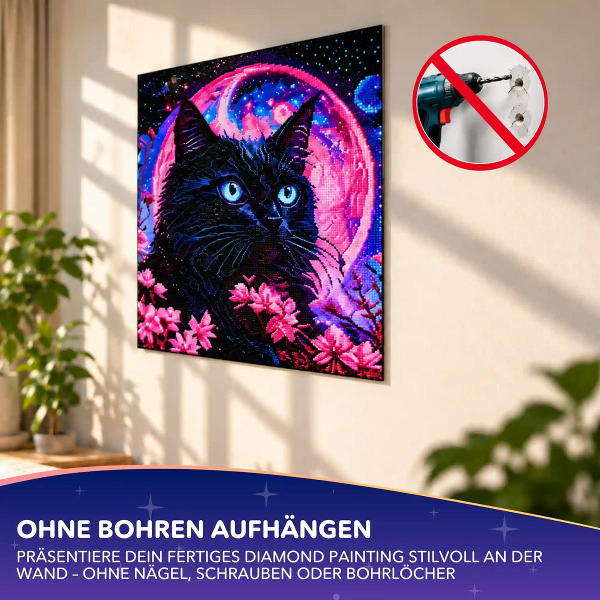 Fertiges Diamond Painting mit Katzenmotiv ohne Bohren an der Wand mit magnetischer Aufhängung