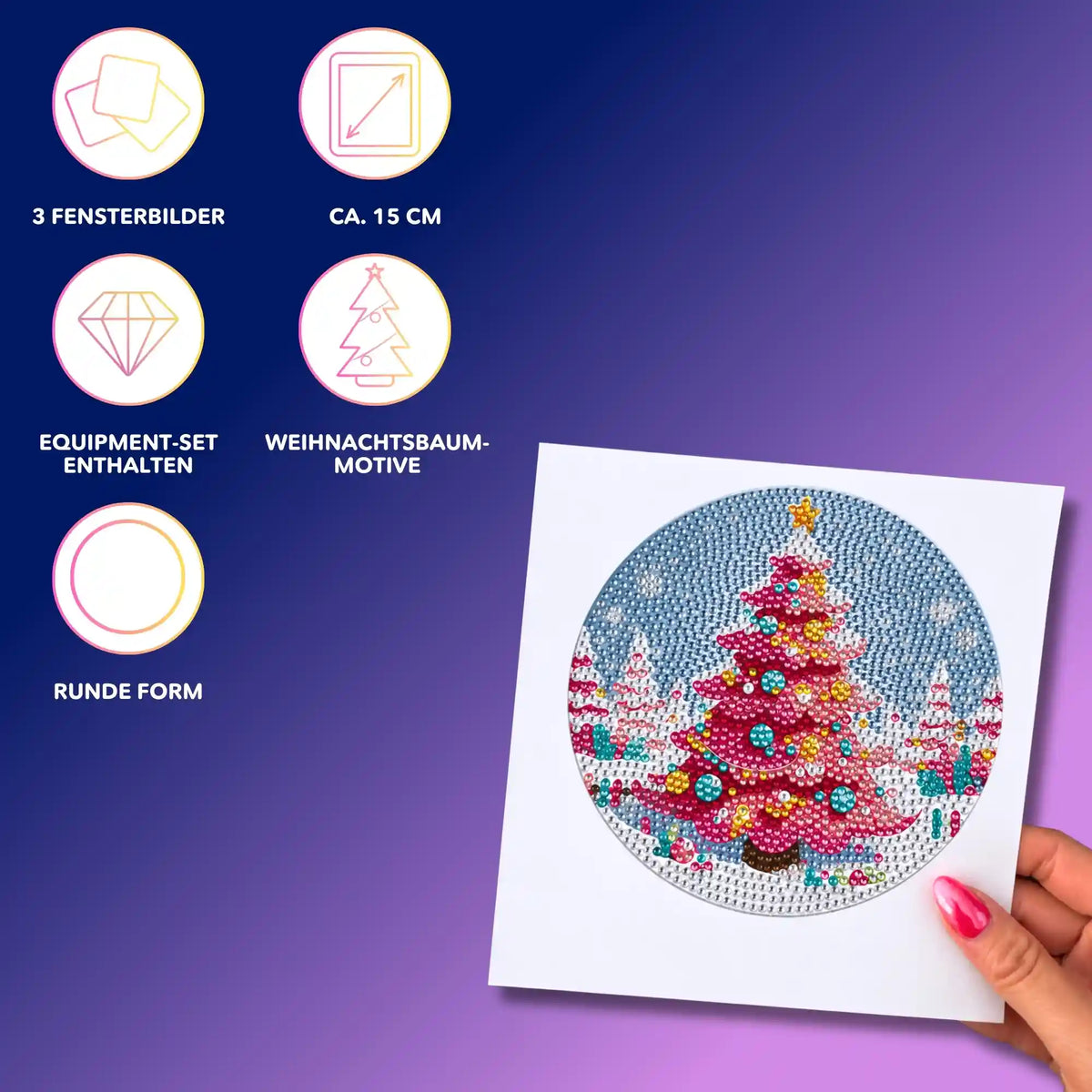 Diamond Painting Fensterbild mit glitzerndem Weihnachtsbaum-Motiv, runde Fensterdeko für Weihnachten