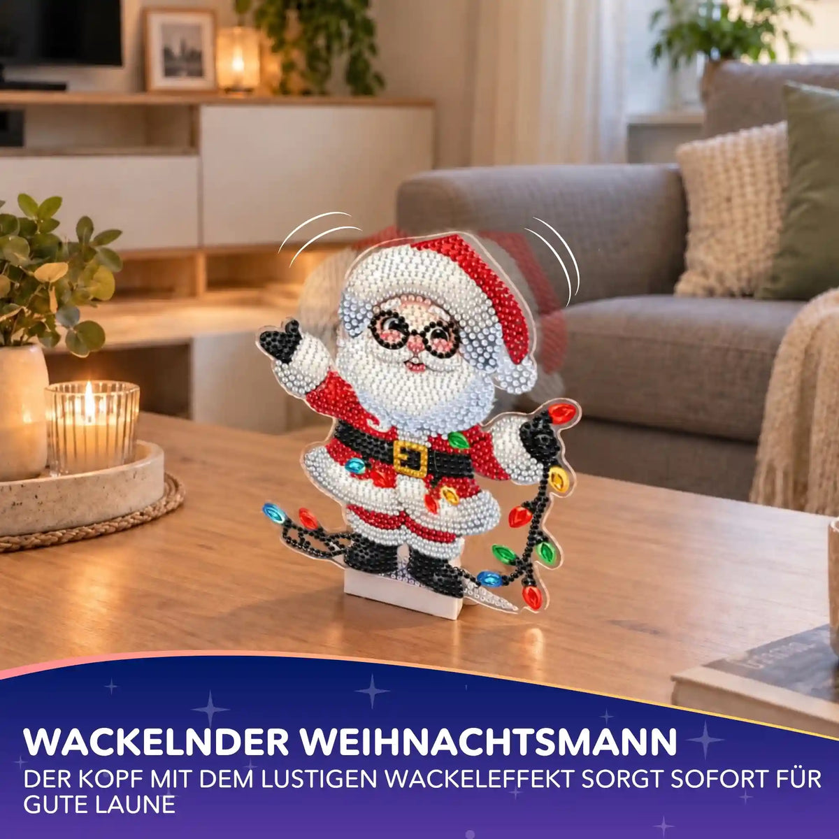 Diamond Painting Wackelaufsteller Weihnachtsmann mit bunten Glitzersteinen als DIY-Weihnachtsdeko auf Holztisch