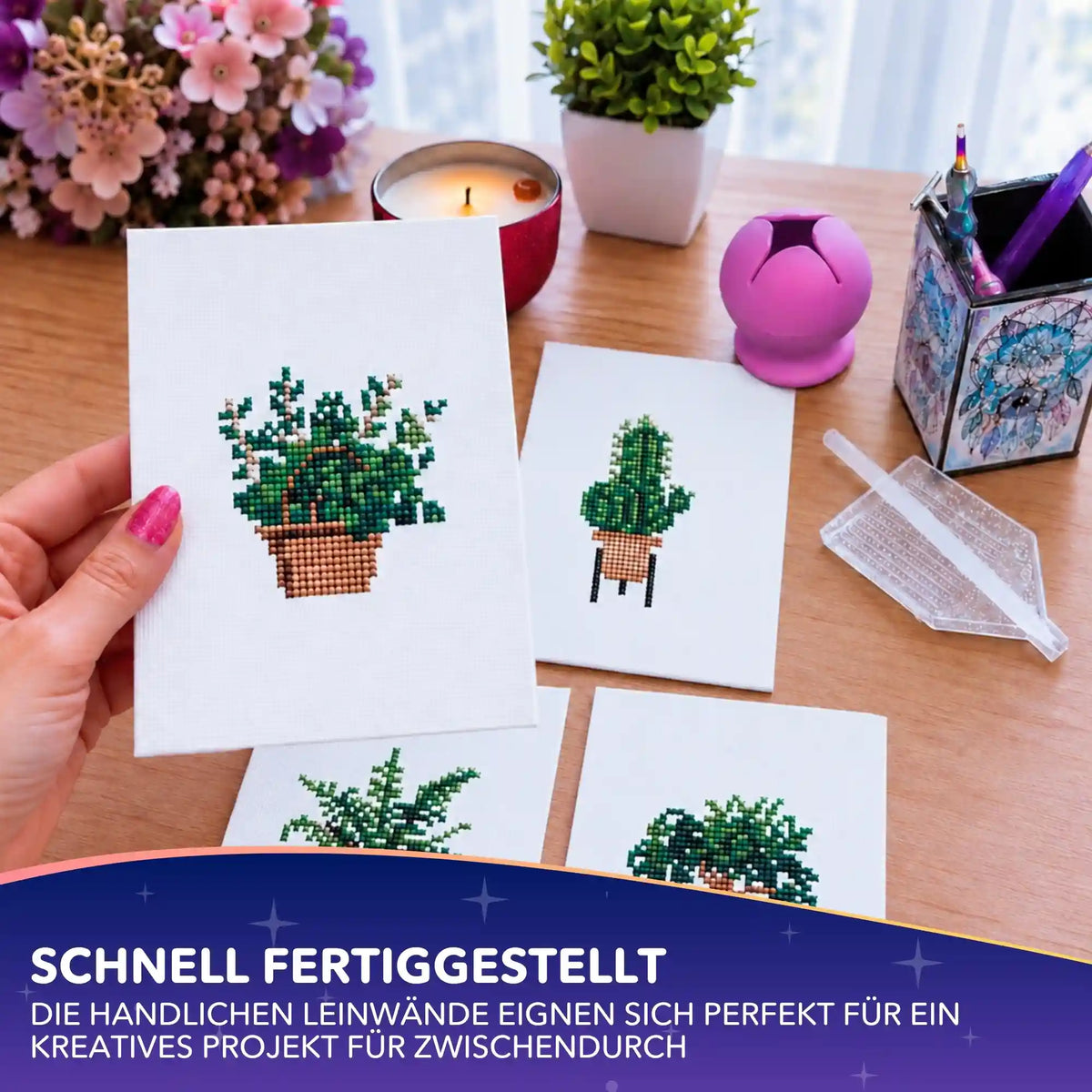 Mini Diamond Painting Pflanzen: Handliche Leinwand mit funkelndem Zimmerpflanzen-Motiv