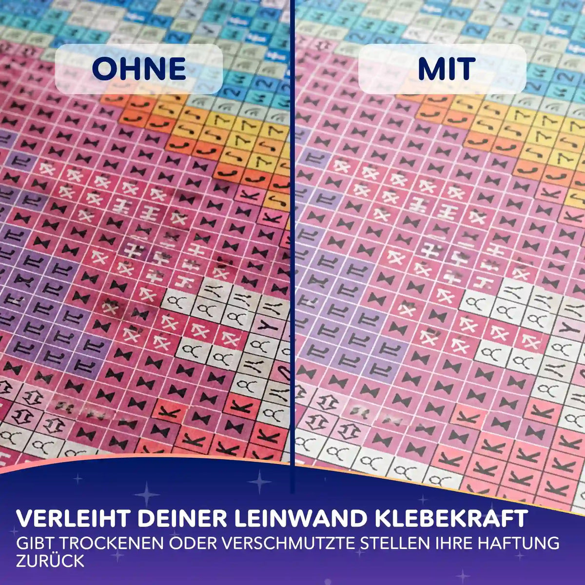 Diamond Painting Leinwand Kleber im Vorher-Nachher-Vergleich für erneuerte Haftung auf der Leinwand