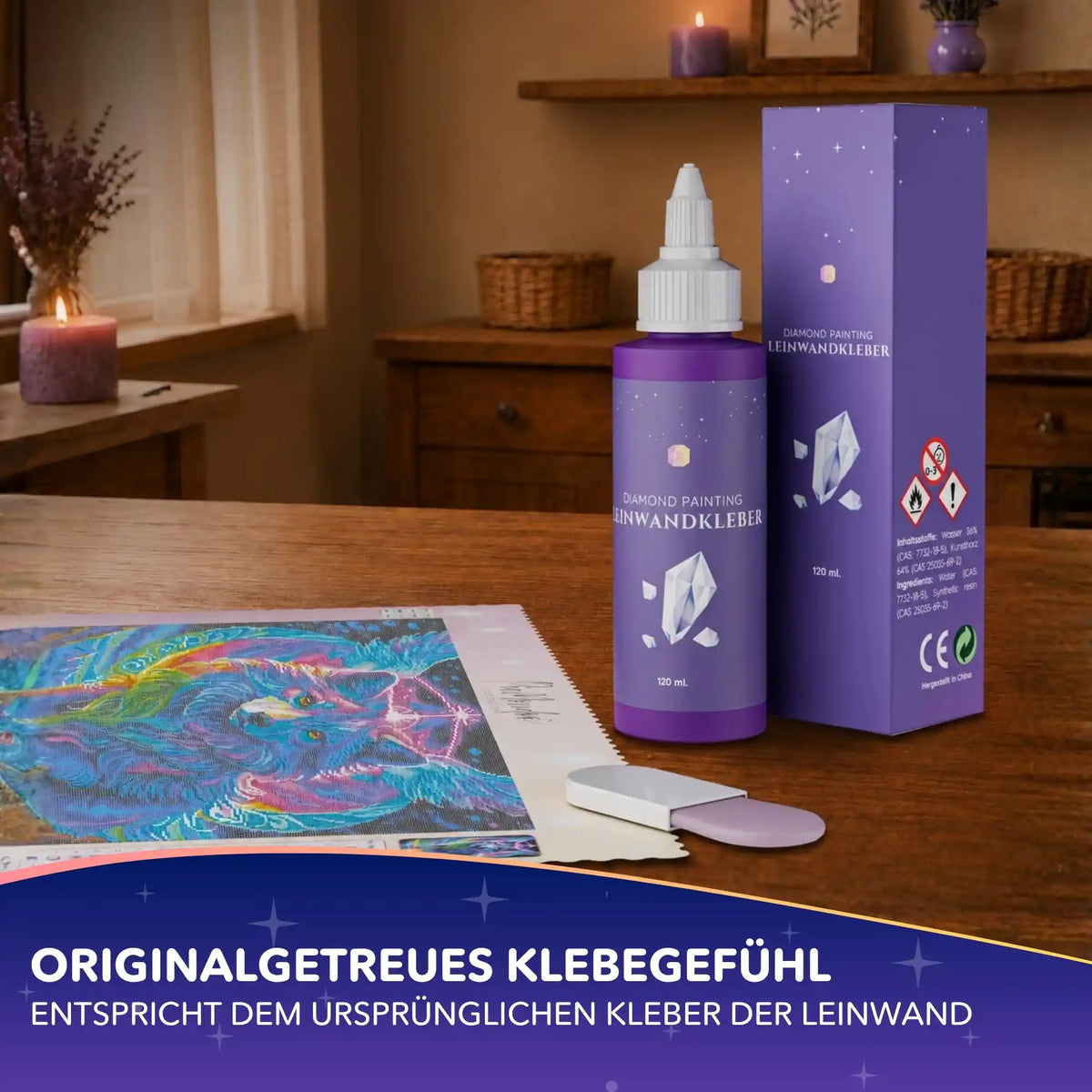 Diamond Painting Leinwandkleber Flasche mit Spachtel neben bunter Diamanten Painting Leinwand