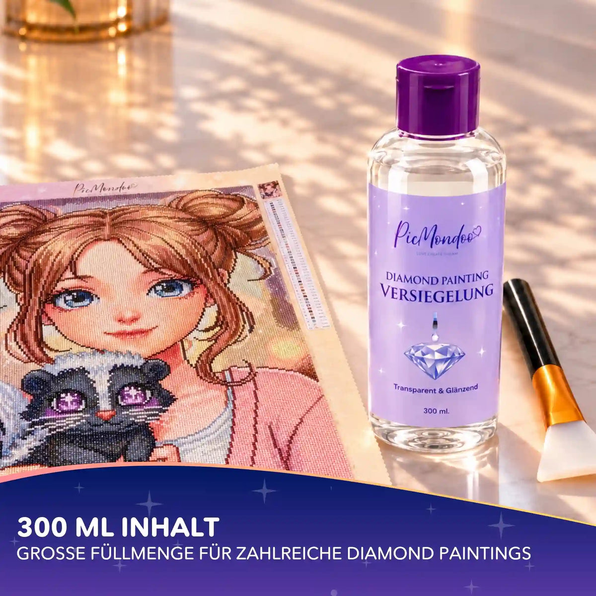 Picmondoo Diamond Painting Versiegelung 300 ml mit Pinsel und fertigem Diamond Painting Bild