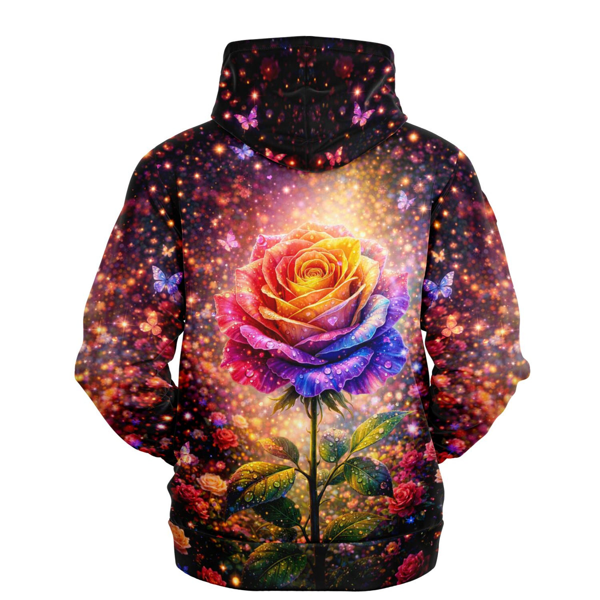 Dreamer Hoodie mit farbenfrohem Rosen-Motiv und Schmetterlingen im Stil unserer Diamond Painting Sets für Erwachsene.
