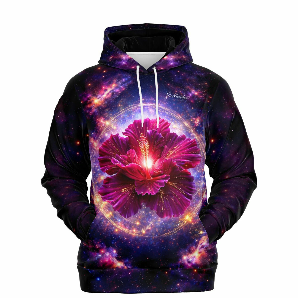 Dreamer Hoodie mit leuchtend violetter Hibiskus-Blüte, Galaxy-Print und kosmischem Hintergrund im pacmondoo.comsign