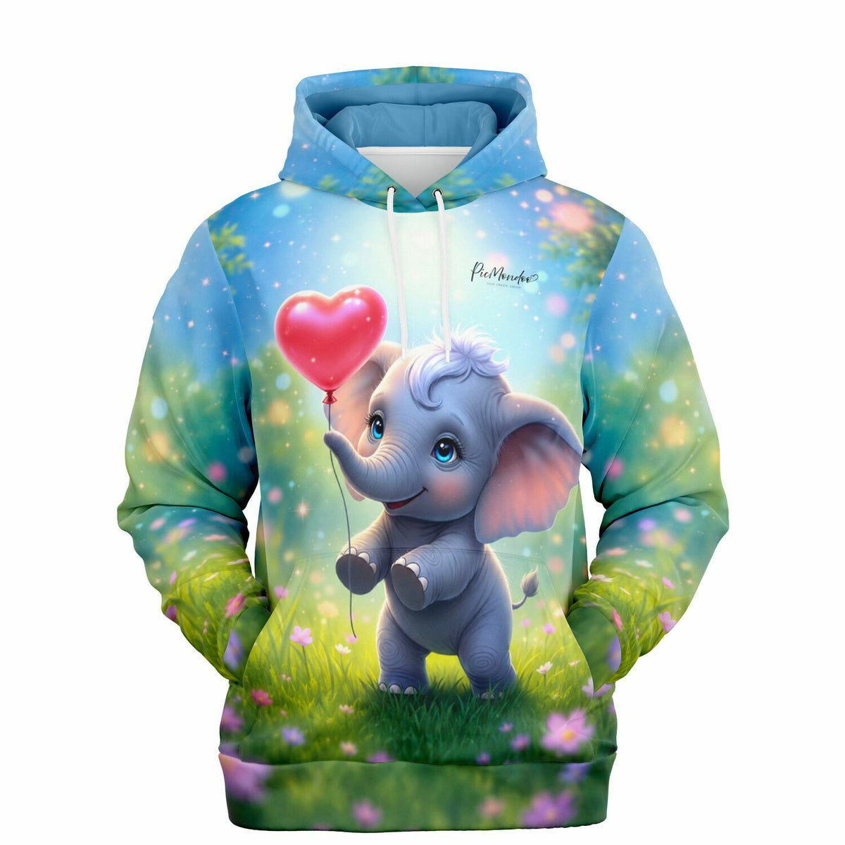 Dreamer Hoodie von Picmondoo mit niedlichem Elefanten-Motiv, Herz-Ballon und verträumter Wiesenlandschaft