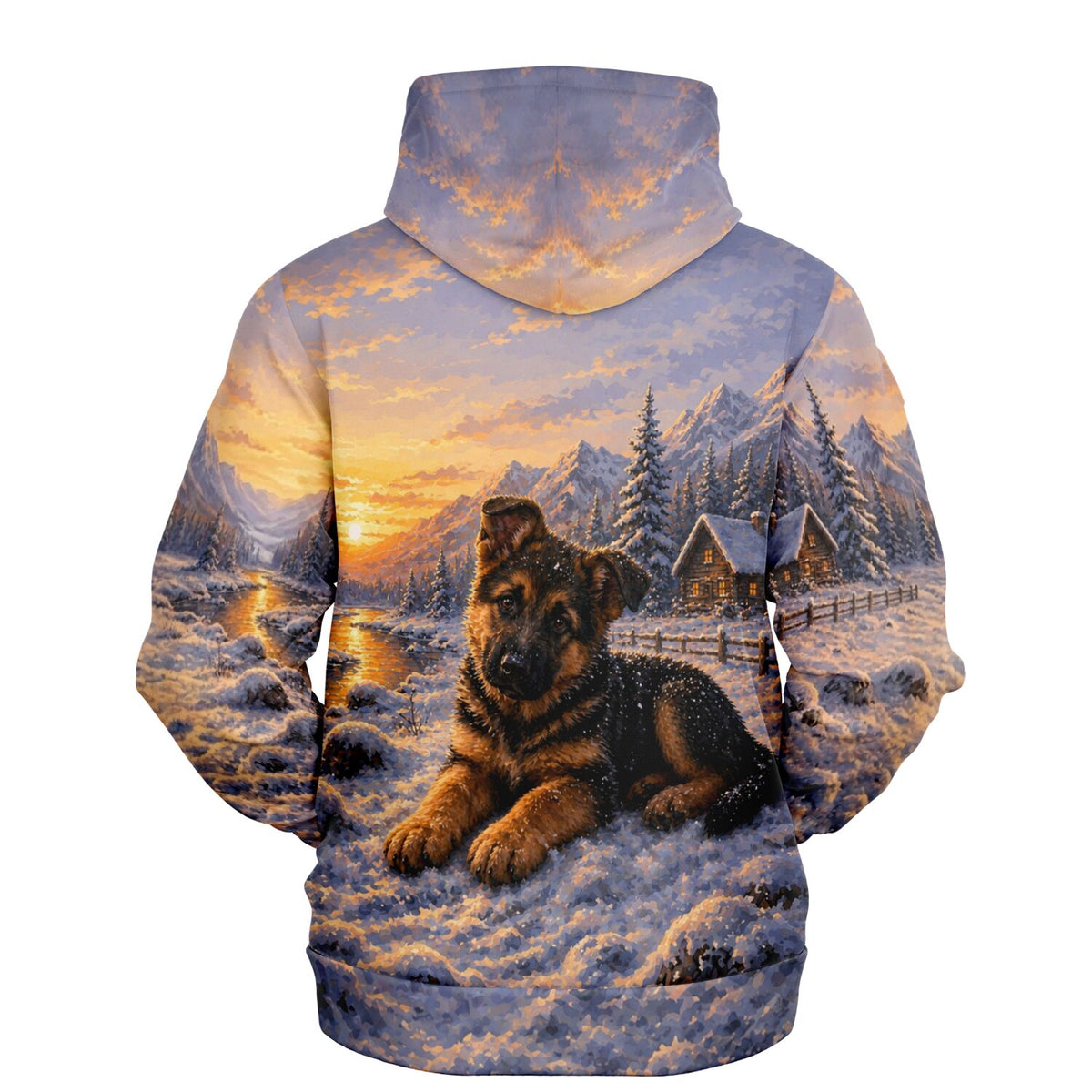 Dreamer Hoodie mit Motiv eines Schäferhund-Welpen im Schnee, inspiriert von Diamond Painting und Malen nach Zahlen Kunst.