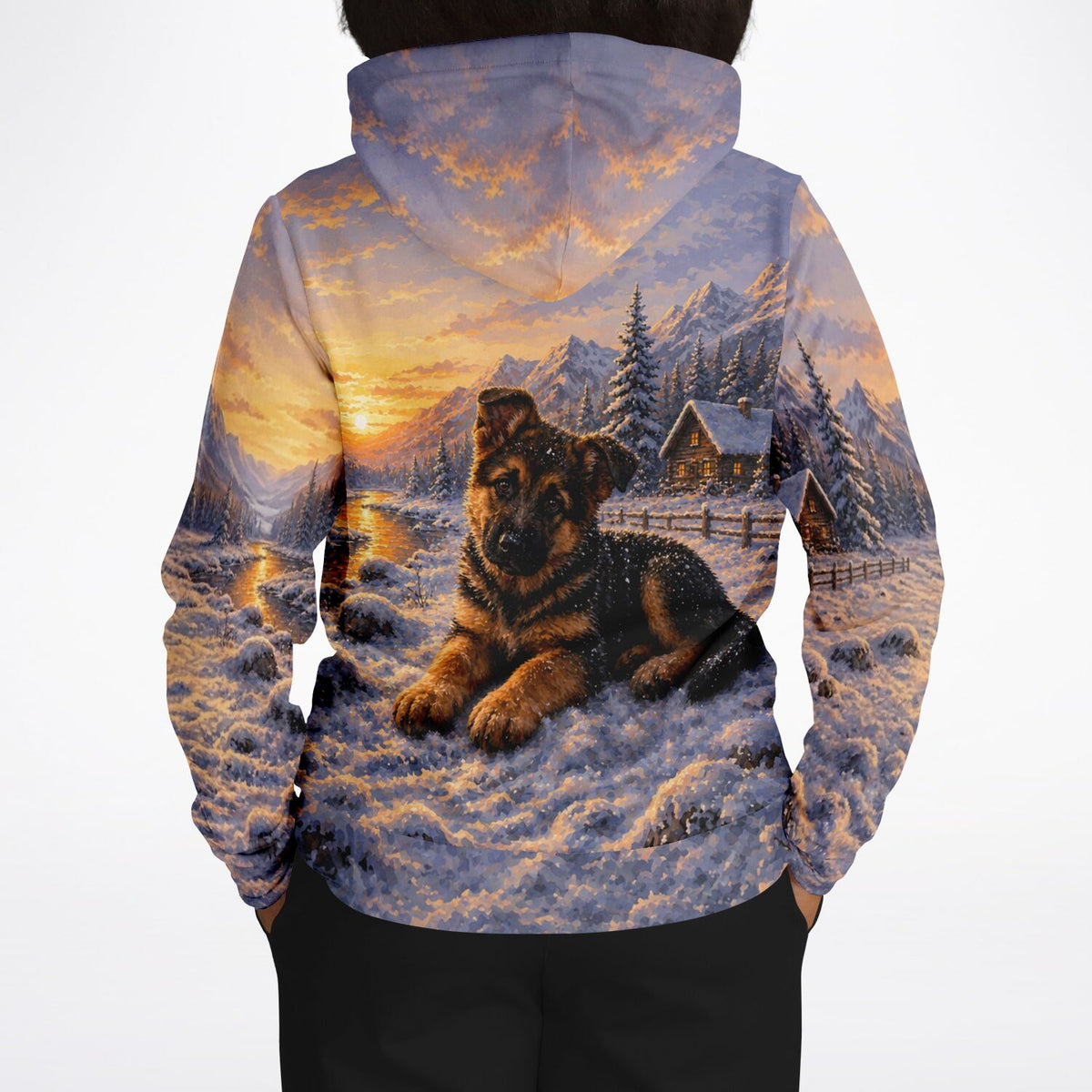 Dreamer Hoodie mit Schäferhund-Motiv im Winter, inspiriert durch Diamond Painting und Malen nach Zahlen Designs.