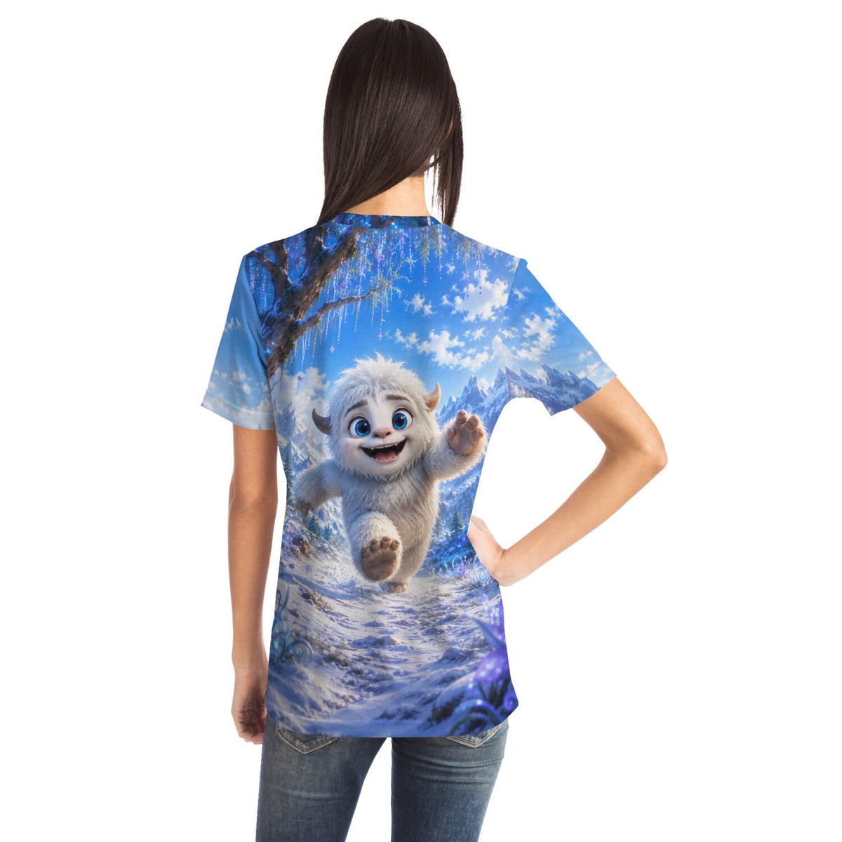Dreamer T-Shirt mit flauschigem Yeti-Motiv in verschneiter Winterlandschaft, ideal für Fans von Malen nach Zahlen Designs