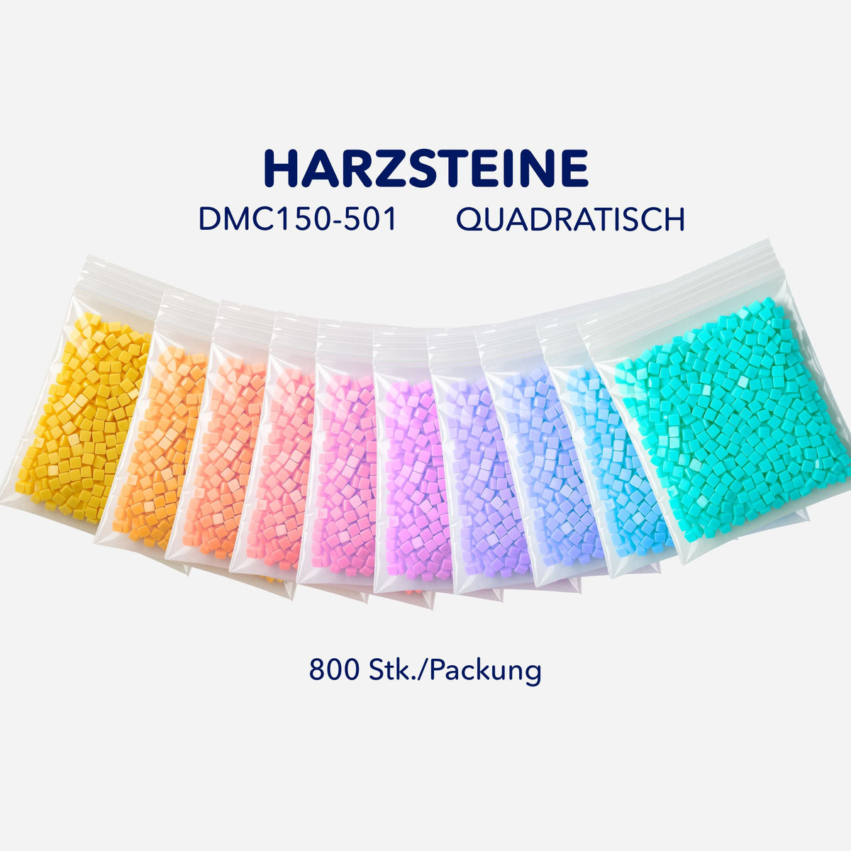 Quadratische Diamond Painting Harzsteine im Regenbogen-Farbverlauf, DMC 150-501, 800 Stück pro Packung für Bastelprojekte.