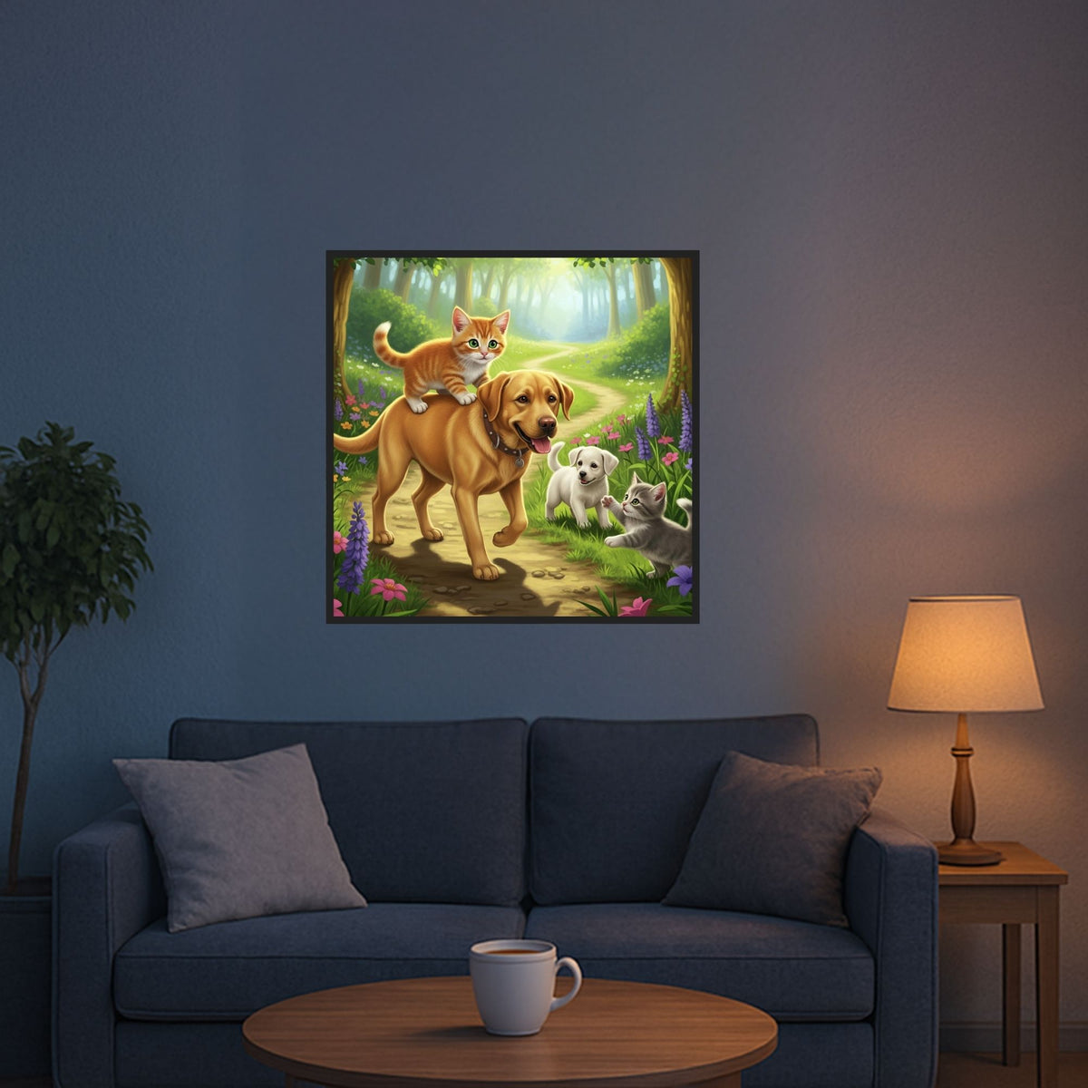 Diamond Painting Waldspaziergang mit Hund und Katzen im Wohnzimmer – farbenfrohes DIY-Set mit Waldlandschaft