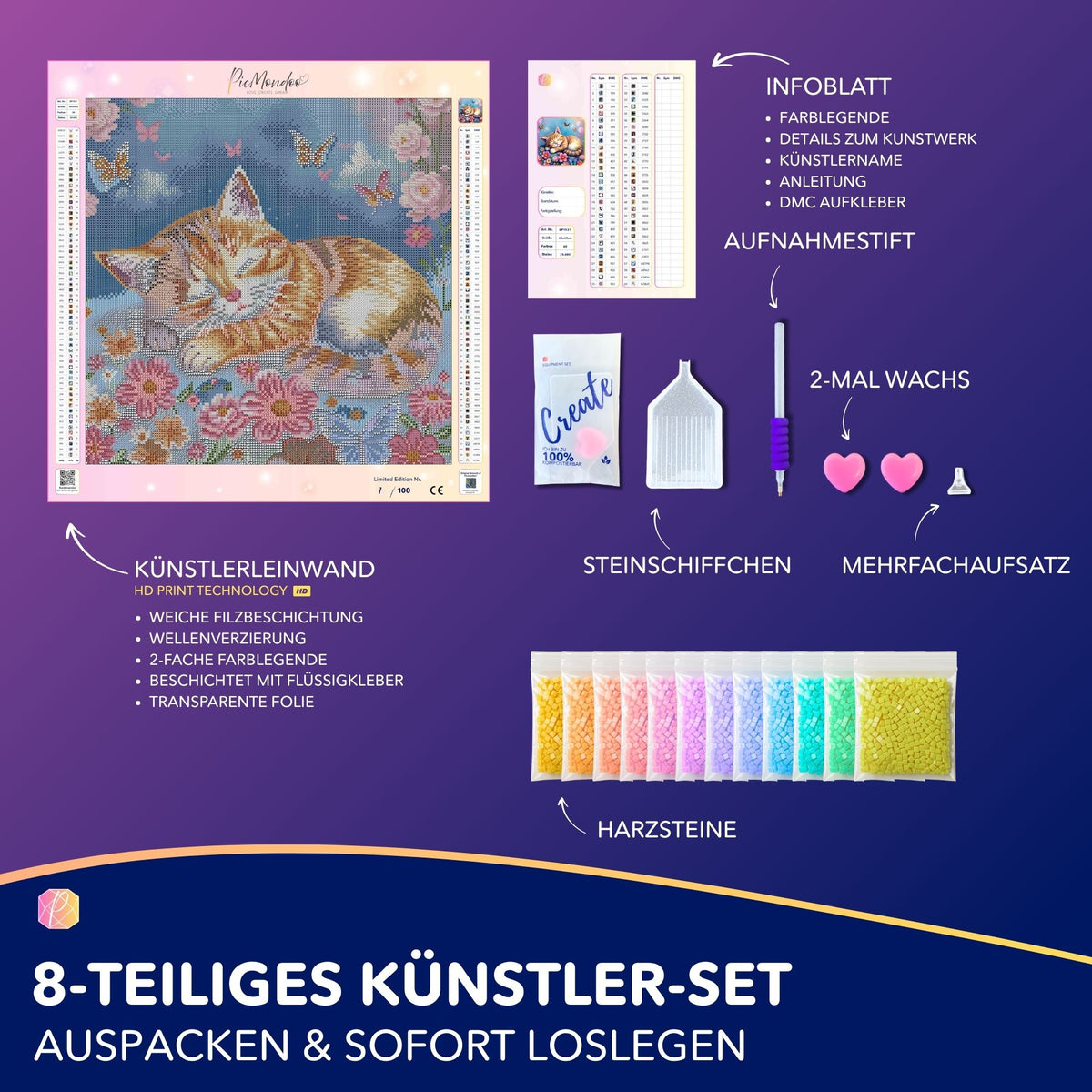 Diamond Painting Set Dreamer mit Katze auf Blumenwiese, inklusive Leinwand, Glitzersteinen und Bastelzubehör für Erwachsene