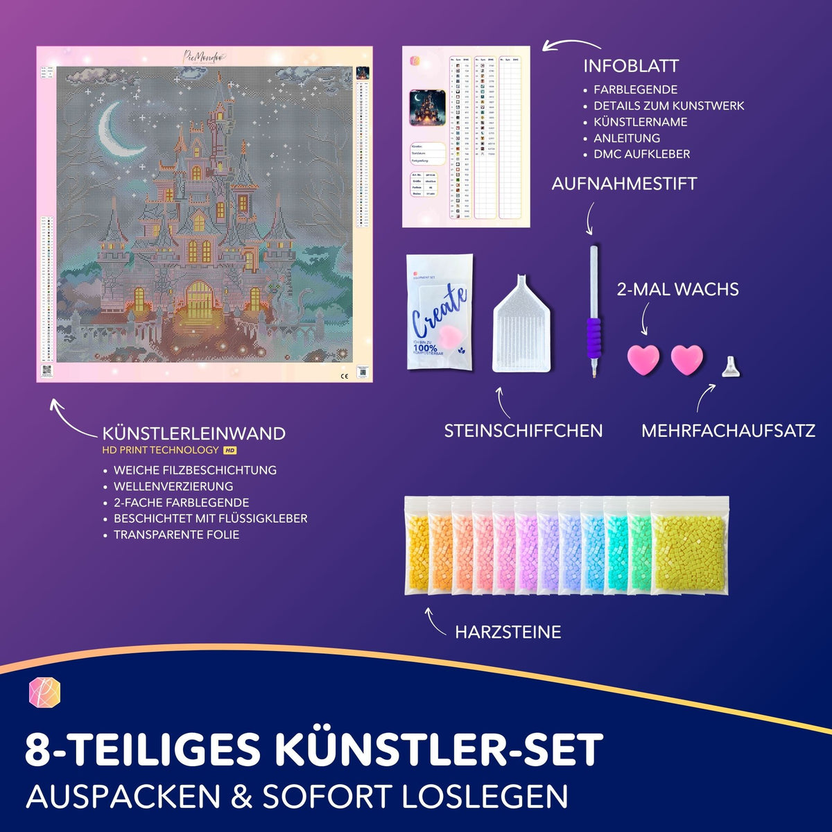 Diamond Painting Set Nachtschloss mit Leinwand, bunten Harzsteinen und Zubehör für entspannende Fantasy-Kunstwerke