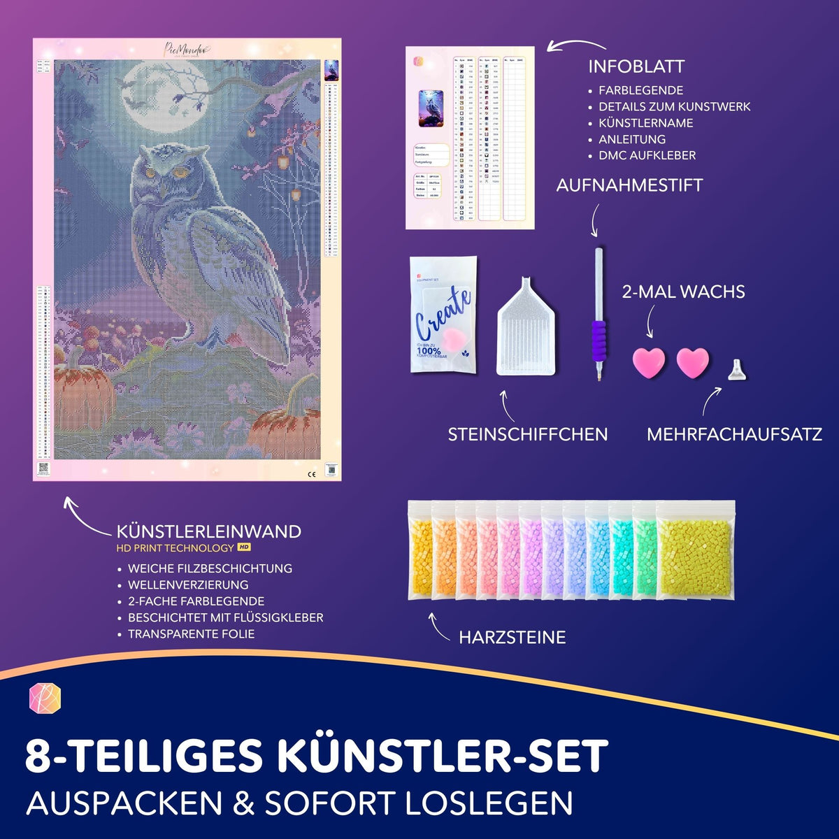 Diamond Painting Set Nachtwächter mit Eule, Kürbissen und Mondschein, inklusive komplettem Zubehör zum Basteln.