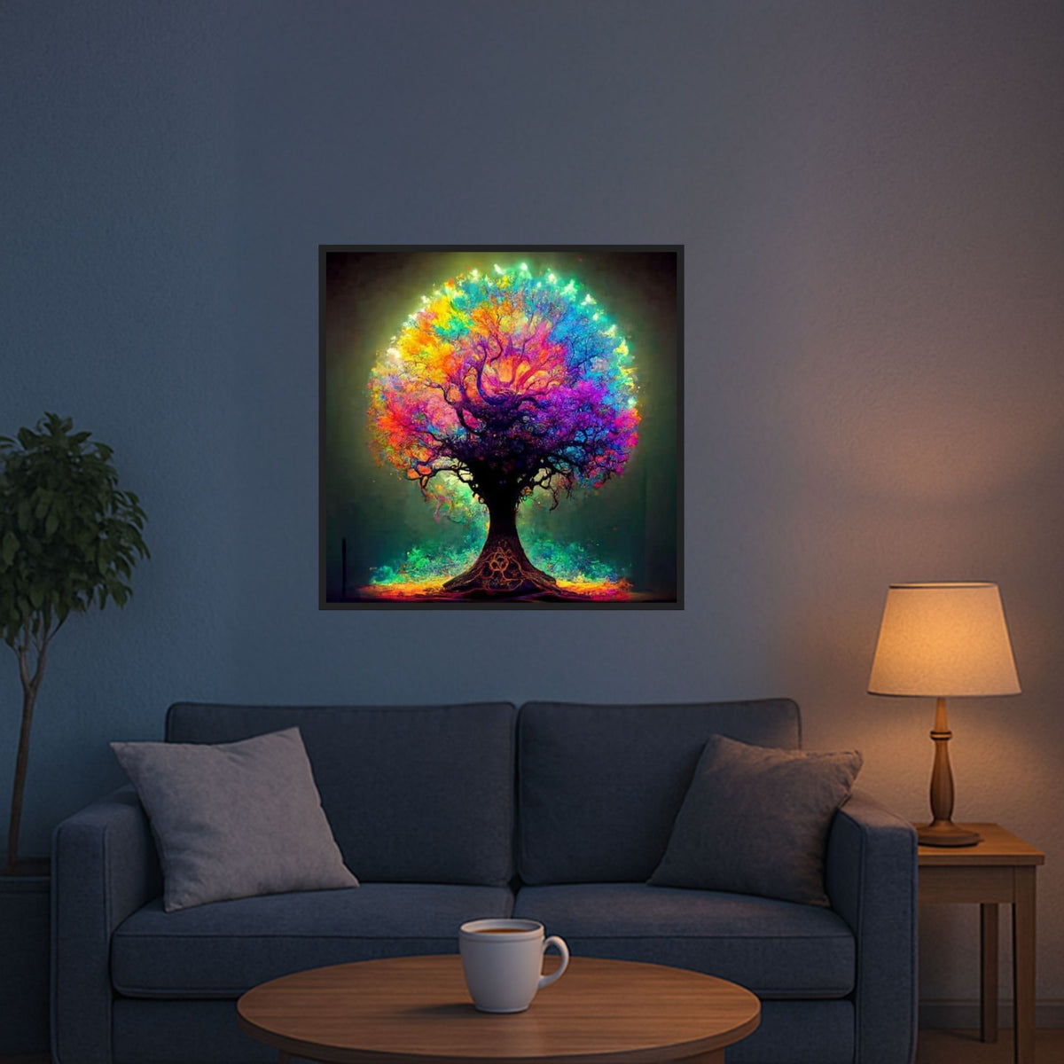 Fertiges Diamond Painting Set mit buntem Fantasy-Baum in 60x60cm, gestaltet mit leuchtenden Steinen an einer Wohnzimmerwand.