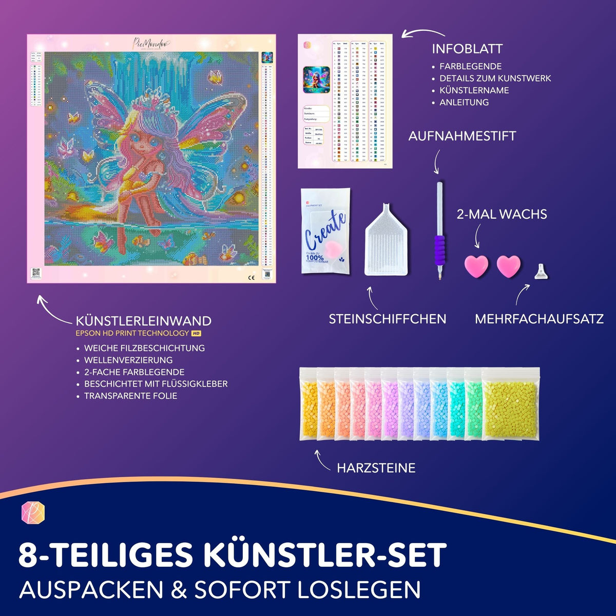 Diamond Painting Set Entspannung am Elfenteich mit Leinwand, bunten Glitzersteinen, Stift und Zubehör für DIY Kunstwerke.