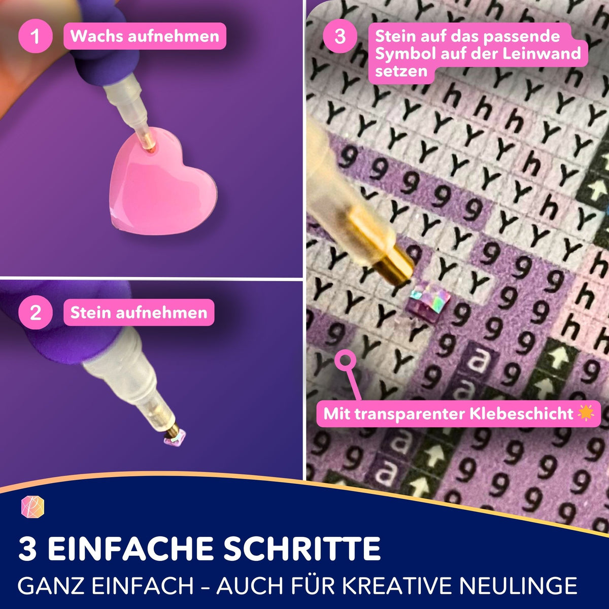 Anleitung für Diamond Painting Set: Diamanten mit Stift auf Leinwand mit Symbolen und Klebeschicht korrekt platzieren.