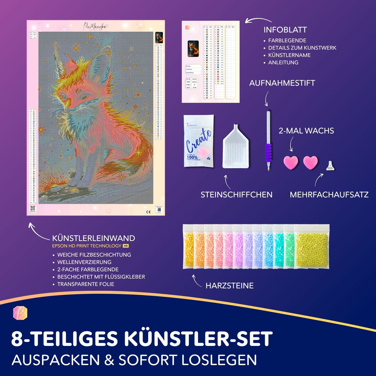 Diamond Painting Set Foxy mit Leinwand, bunten Harzsteinen und Zubehör für ein goldenes Fuchs Motiv im 8-teiligen Bundle.