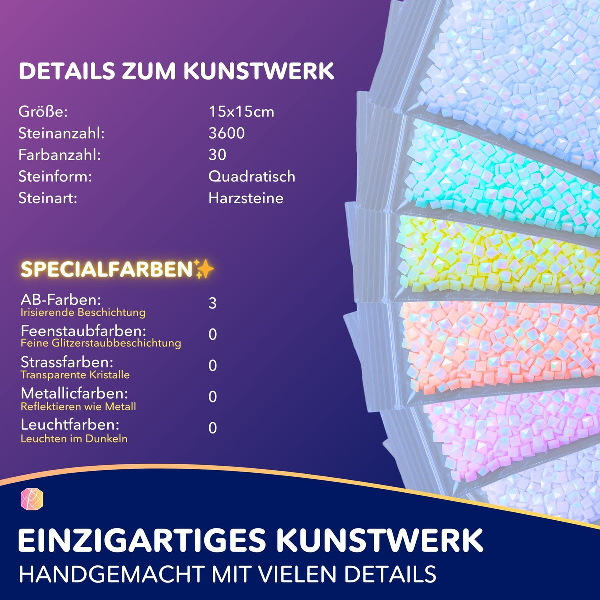 Diamond Painting Set Foxy Fuchs Details mit 15x15cm, 3600 quadratischen Harzsteinen und 3 irisierenden AB-Farben