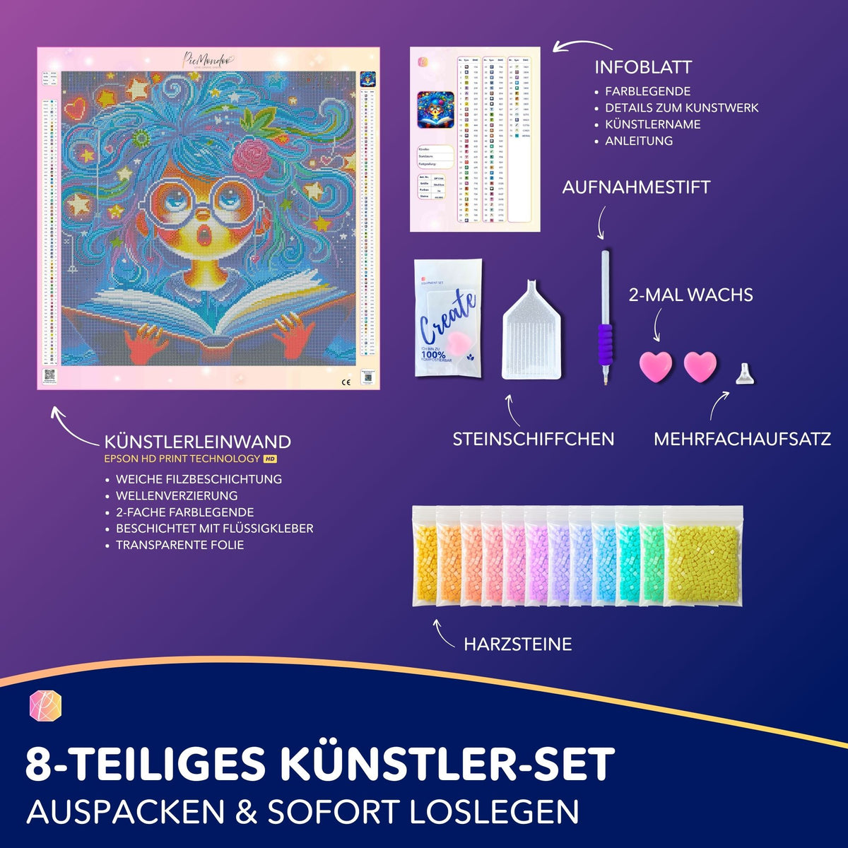 Diamond Painting Set Lesemaus Josephine mit bunter Leinwand, Strasssteinen und Komplettzubehör für kreative Bastelfreunde
