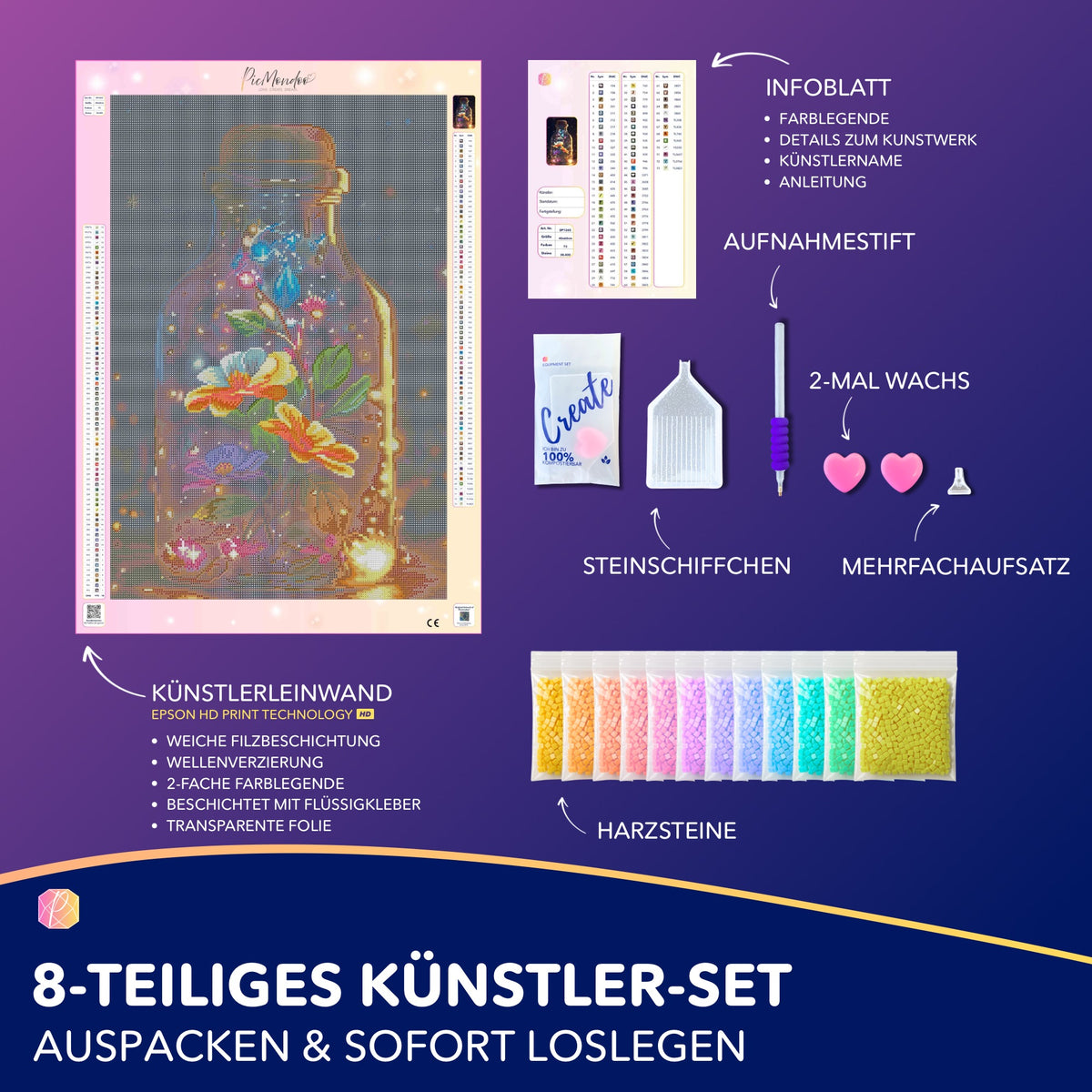Diamond Painting Set Leuchtender Blütenzauber mit Leinwand, bunten Harzsteinen und Zubehör für kreatives Basteln