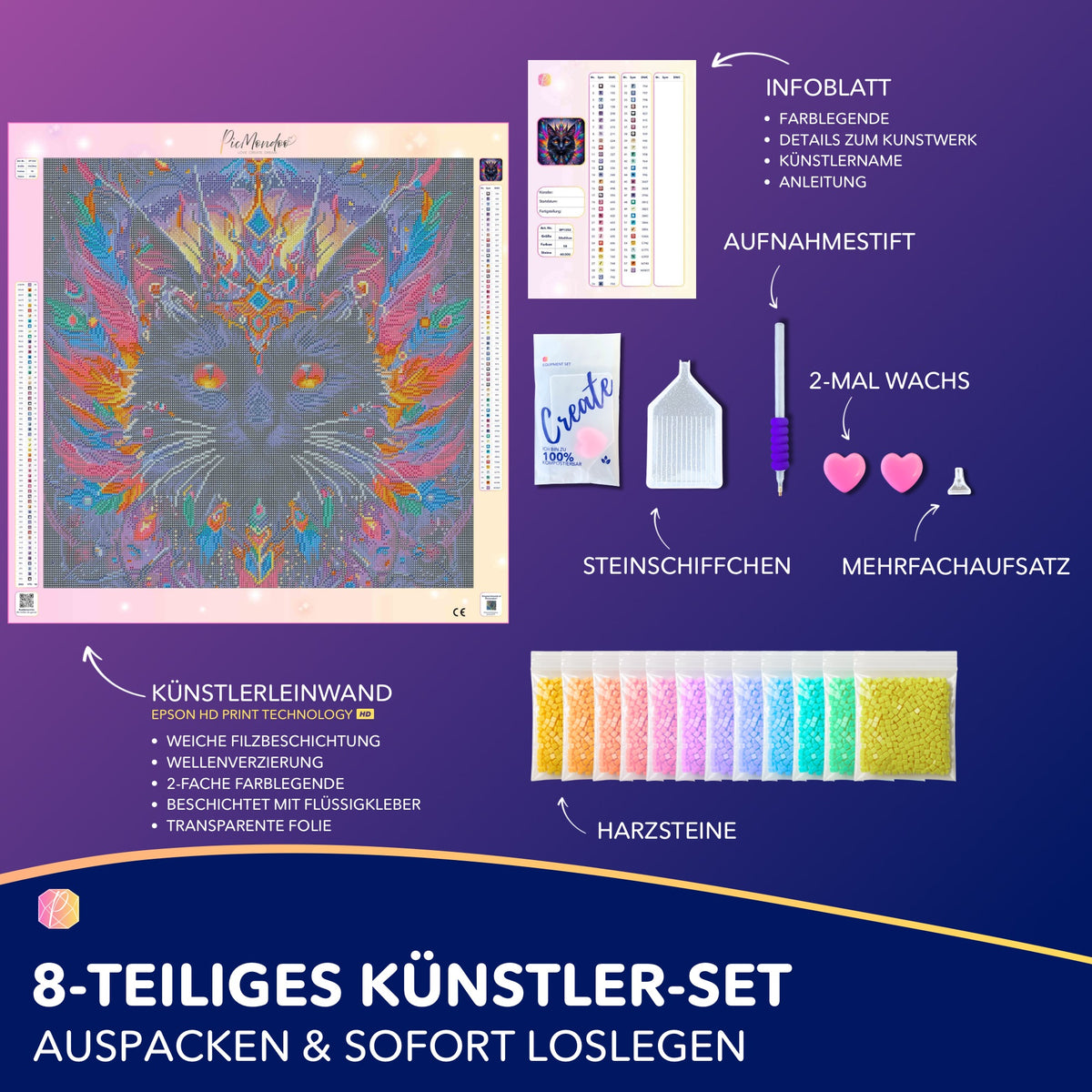 Diamond Painting Set Mystic Cat: Bunte Katzen-Leinwand mit Glitzersteinen, Werkzeug und Zubehör für DIY-Kunstwerke.