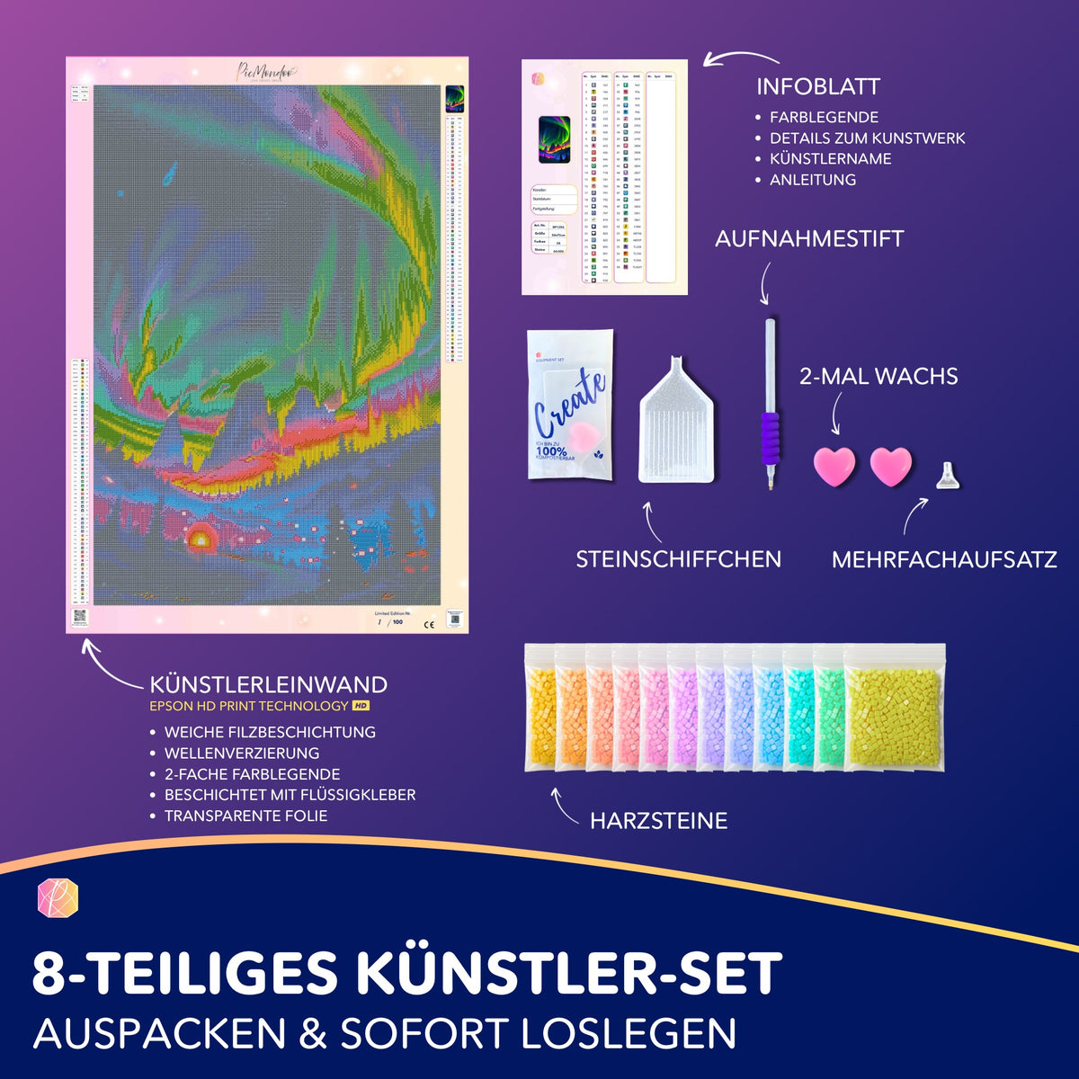 Picmondoo Diamond Painting Set Nacht der bunten Lichter mit Leinwand, Spezial-Harzsteinen und Zubehör für DIY Kunstwerk