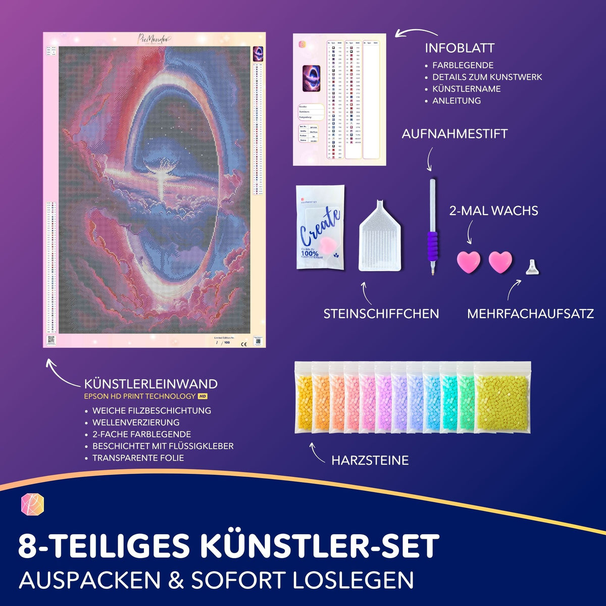 Diamond Painting Set Tor in die andere Welt mit Leinwand, bunten Harzsteinen und Zubehör für fantastische Kunstwerke.