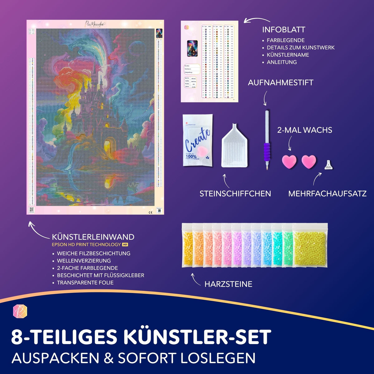 Diamond Painting Set Zauberschloss mit 100 Farben, Leinwand, bunten Harzsteinen und Zubehör für DIY Kunstprojekte.