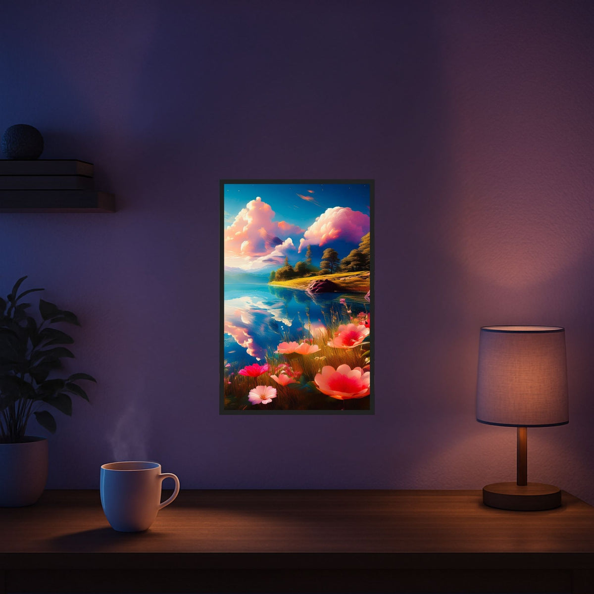 Diamond Painting Set Motiv See mit rosa Blumen und spiegelnden Wolken in stimmungsvollem Raumambiente