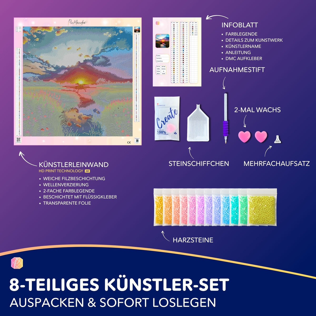 Diamond Painting Set Morgenrot mit Landschaftsmotiv, 50x50cm Leinwand, Zubehör und bunten Harzsteinen für DIY-Kunstwerke