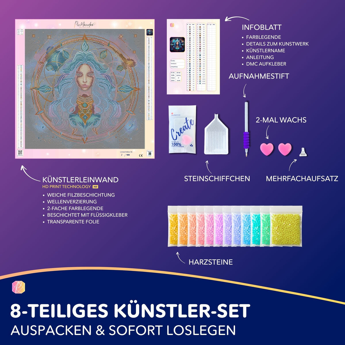 Diamond Painting Set Jungfrau mit Leinwand, bunten Harzsteinen und Zubehör als limitiertes Sternzeichen-Kunstwerk