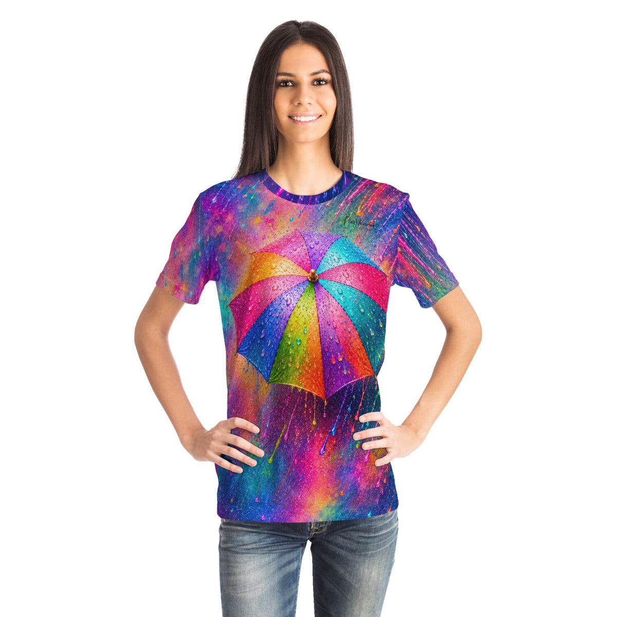 Frau trägt Dreamer T-Shirt mit buntem Regenschirm-Motiv, inspiriert von Diamond Painting und Malen nach Zahlen Designs