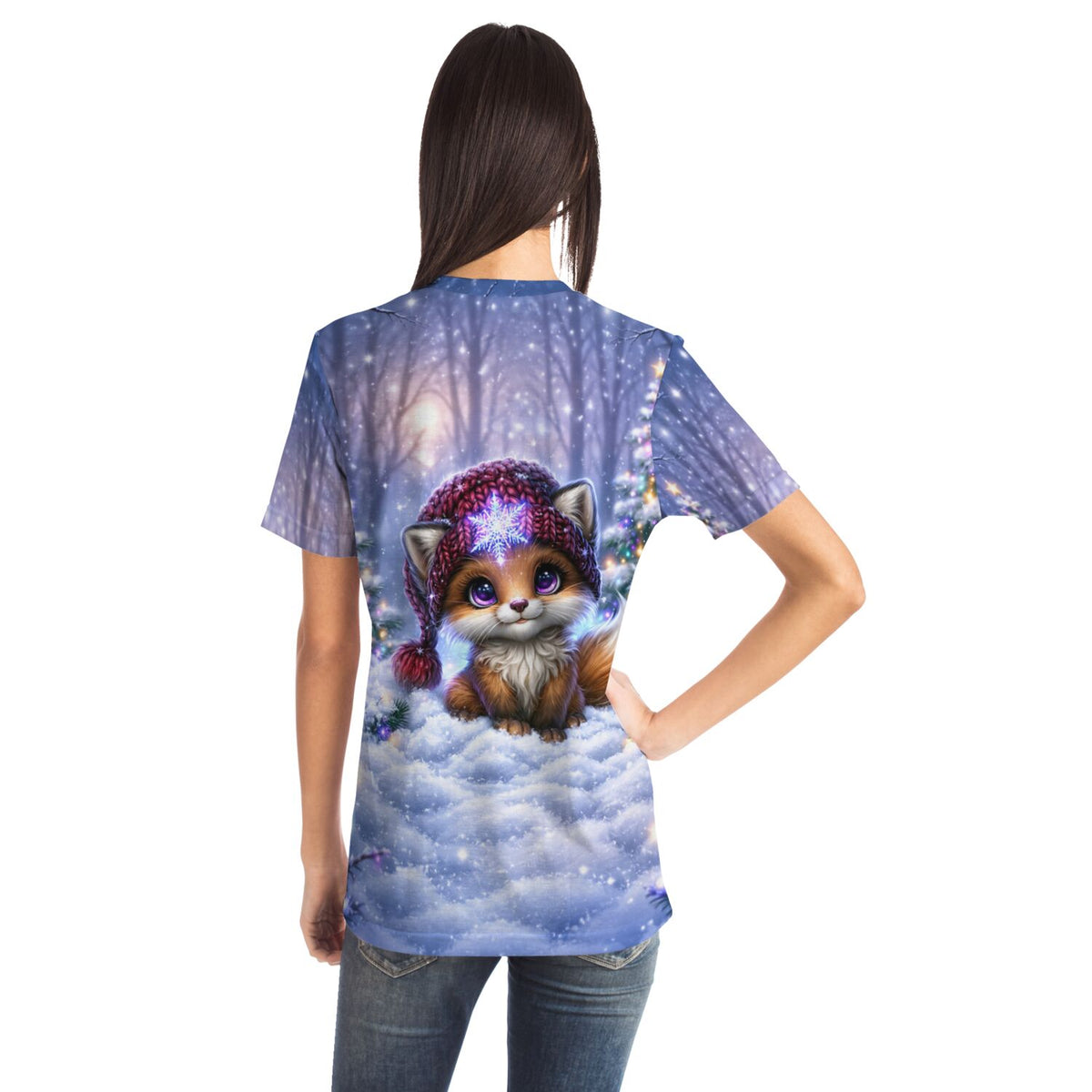T-Shirt mit süßem Fuchs-Motiv im Winterwald, passend zu Diamond Painting und Malen nach Zahlen Designs