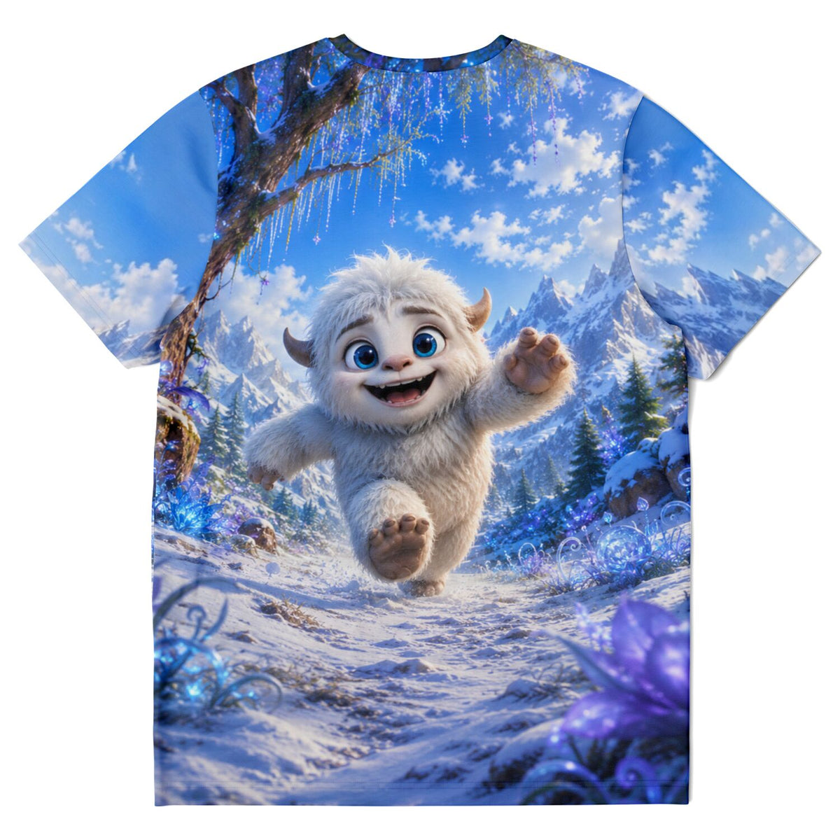 T-Shirt mit niedlichem Yeti-Motiv in verschneiter Berglandschaft, passend für Fans von Malen nach Zahlen und Kunst.