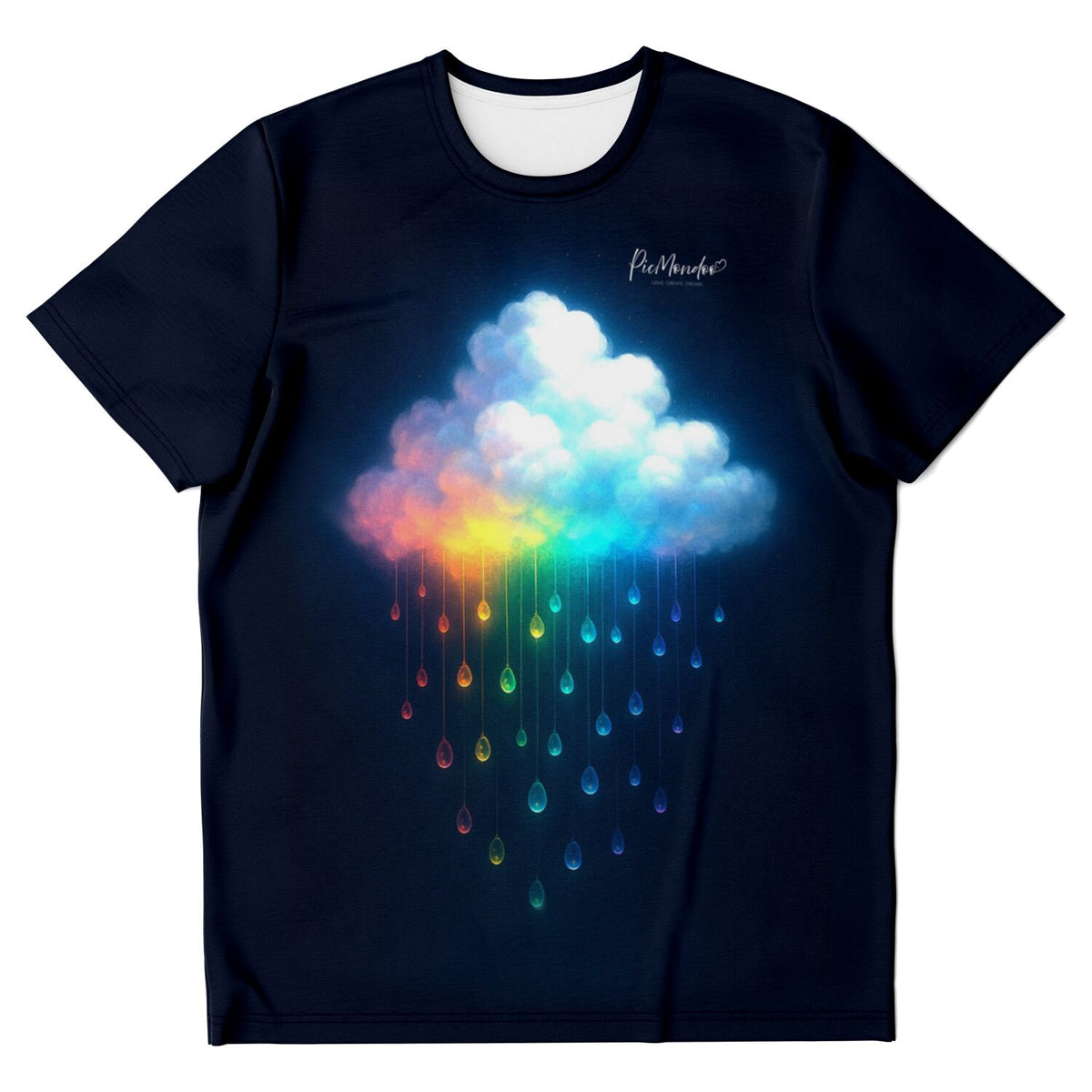Schwarzes Dreamer T-Shirt mit leuchtender Regenbogenwolke und bunten Regentropfen im kreativen pacmondoo.comsign